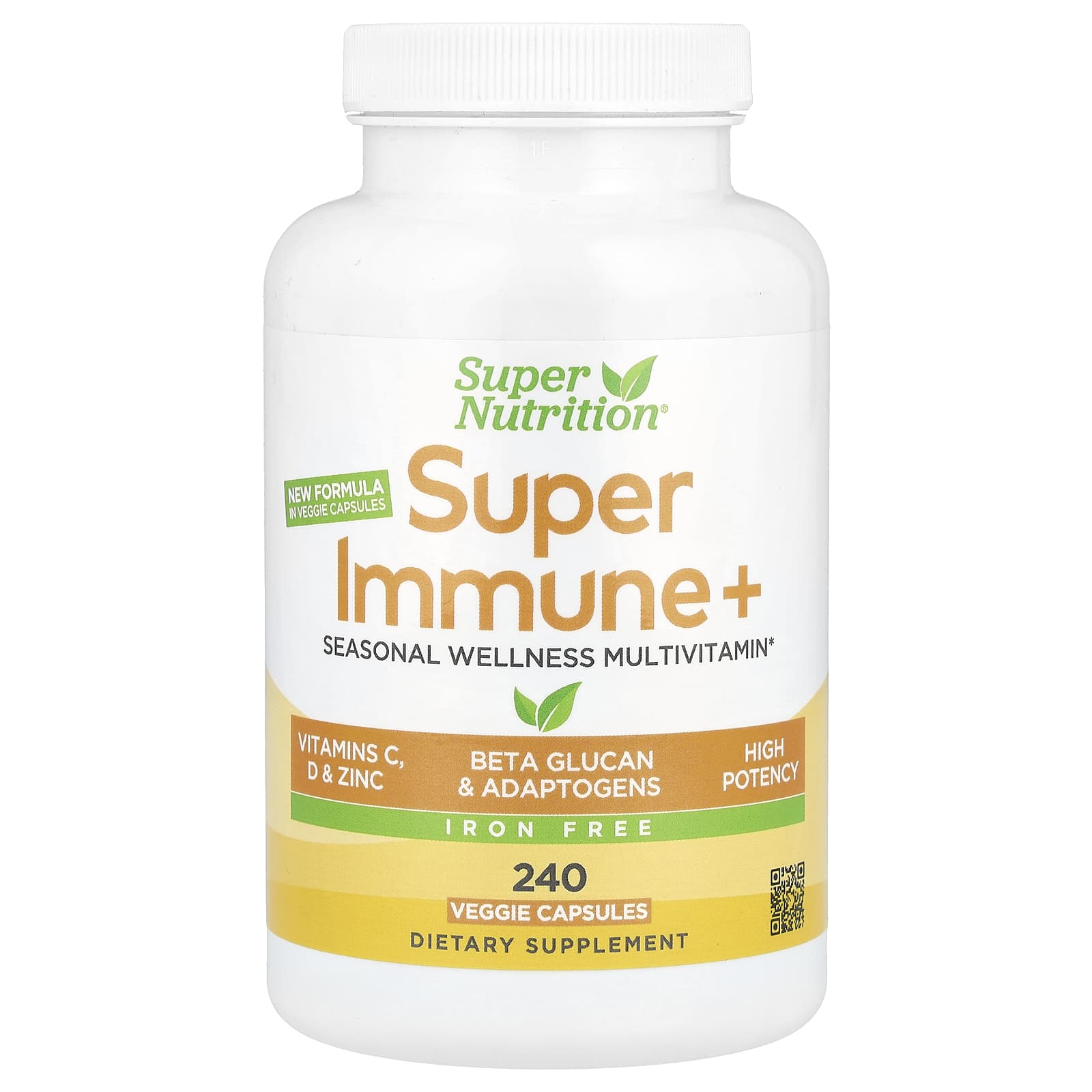 Super Nutrition, Super Immune+, мультивитамины, без железа, 240 растительных капсул