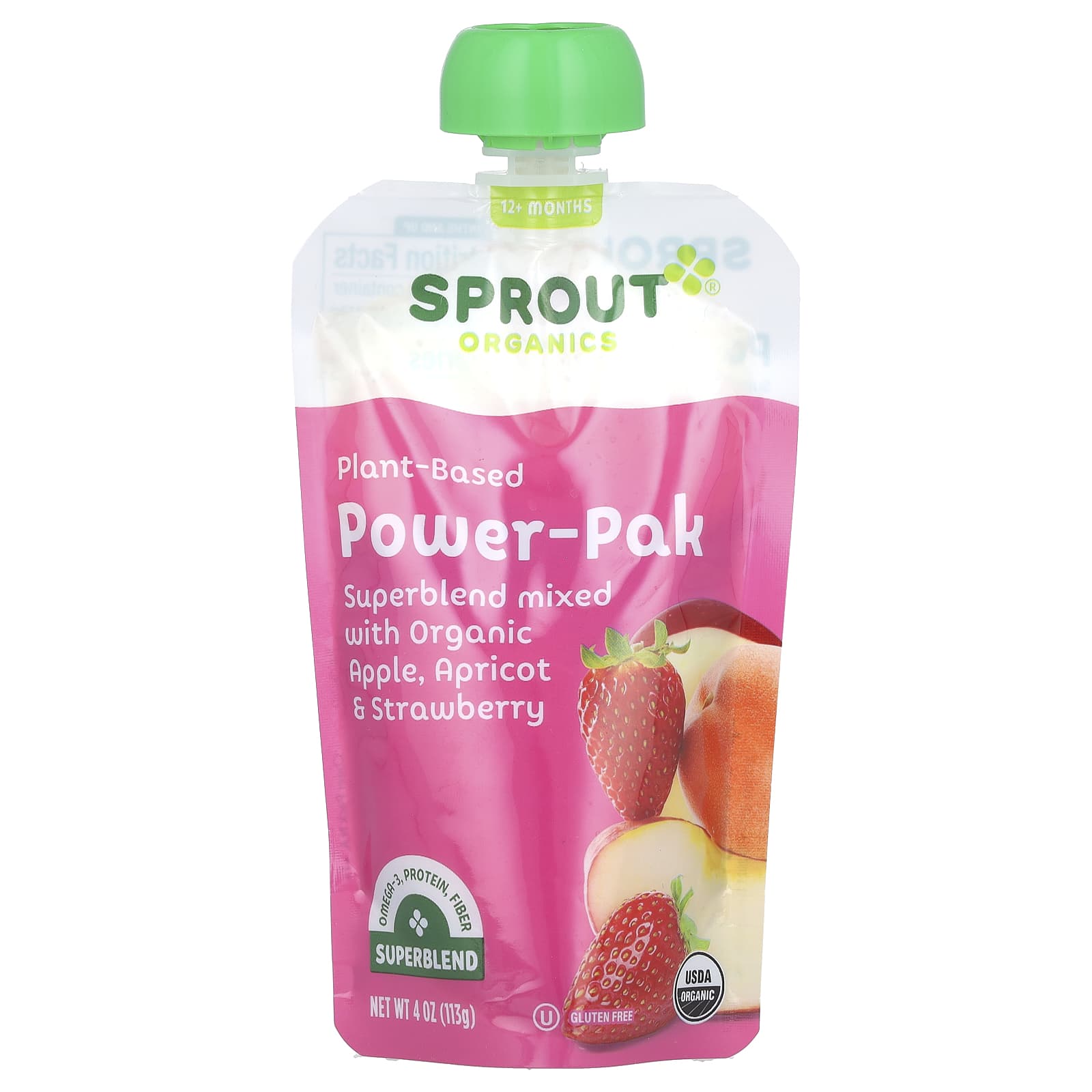 Sprout Organics, Power Pak, от 12 месяцев и старше, яблоко, абрикос и клубника, 113 г (4 унции)