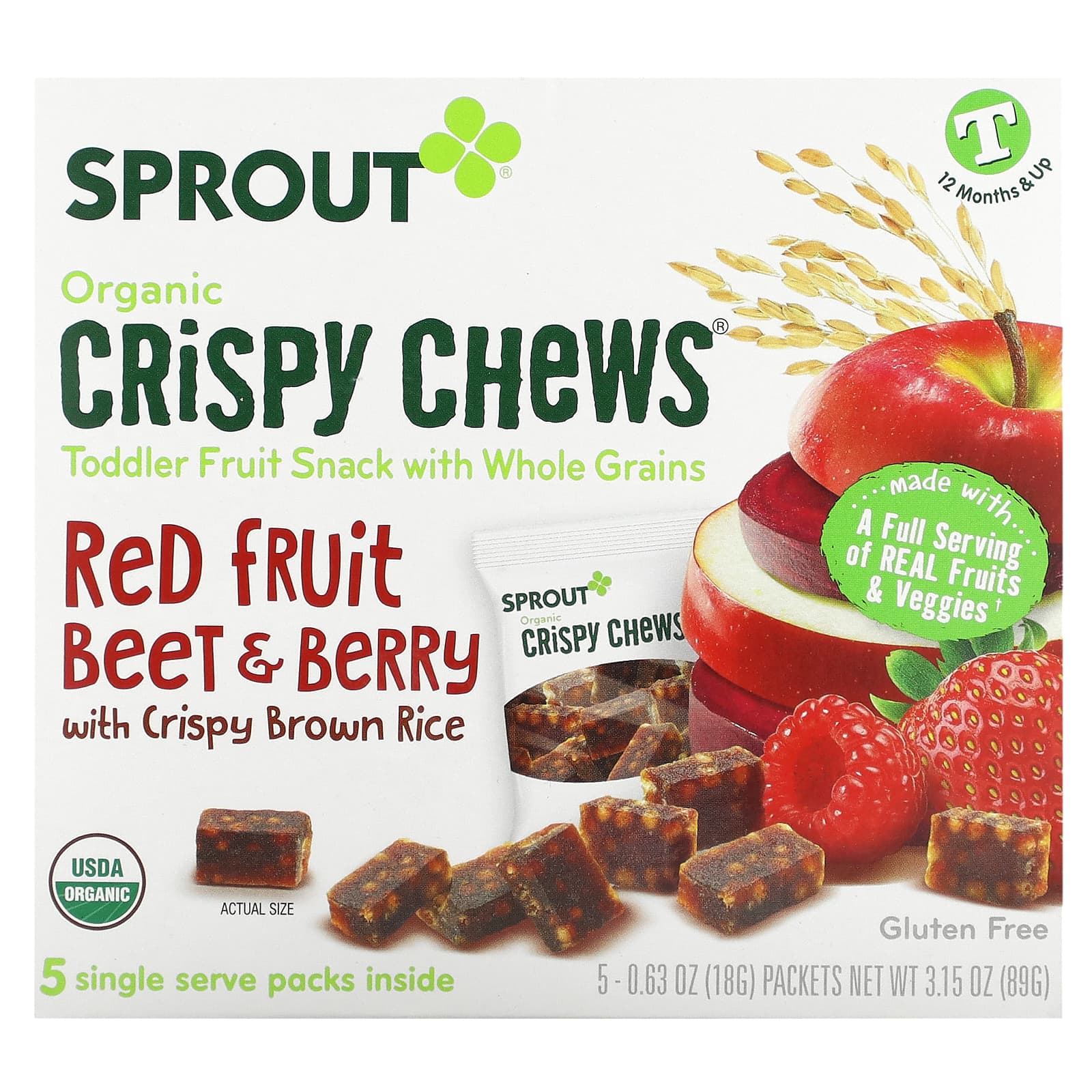 Sprout Organics, Crispy Chews, от 12 месяцев и старше, красные фрукты, свекла и ягоды с хрустящим коричневым рисом, 5 пакетиков по 18 г (0,63 унции)