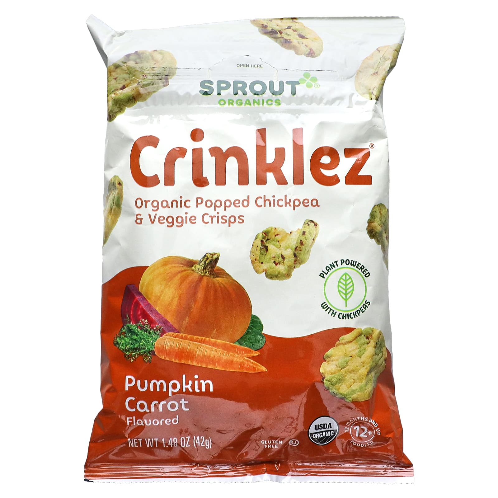 Sprout Organics, Crinklez, снек из нута и овощей, для малышей от 12 месяцев, тыква и морковь, 42 г (1,48 унции)