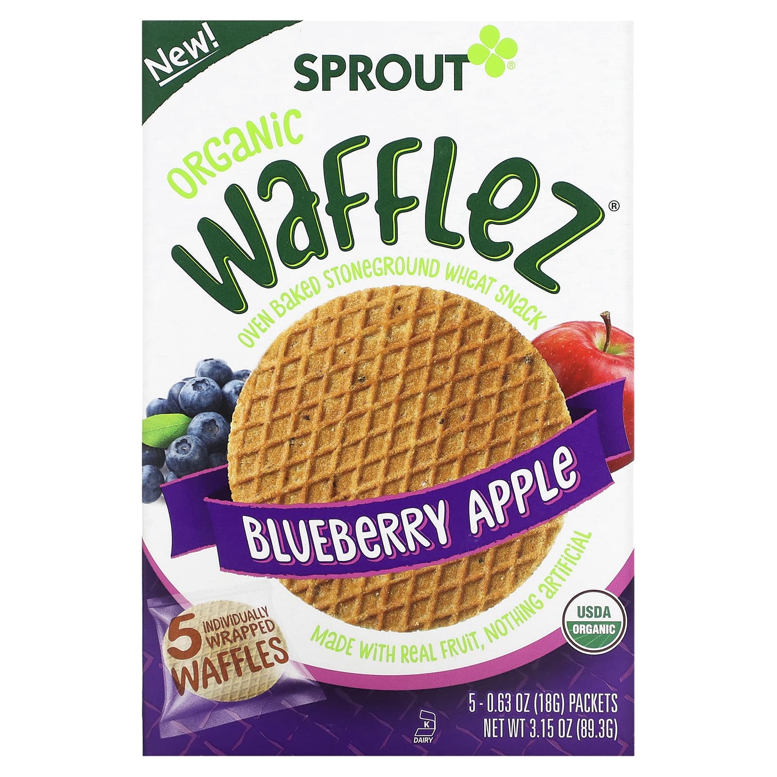 Sprout Organics, Wafflez, вафли с голубикой и яблоком, 5 пакетиков по 18 г (0,63 унции)