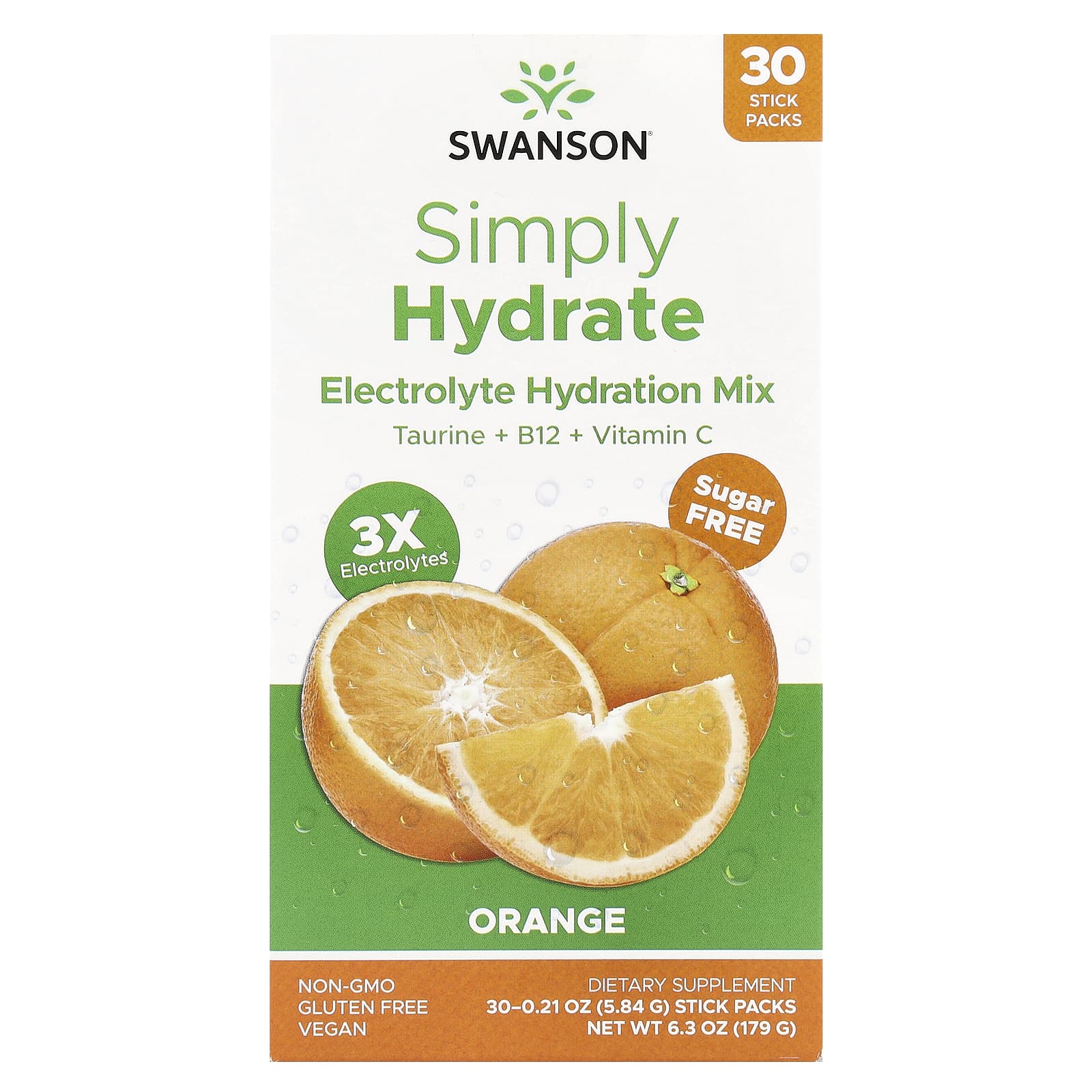 Swanson, Simply Hydrate, смесь для гидратации электролитов, без сахара, апельсин, 30 пакетиков по 5,84 г (0,21 унции)