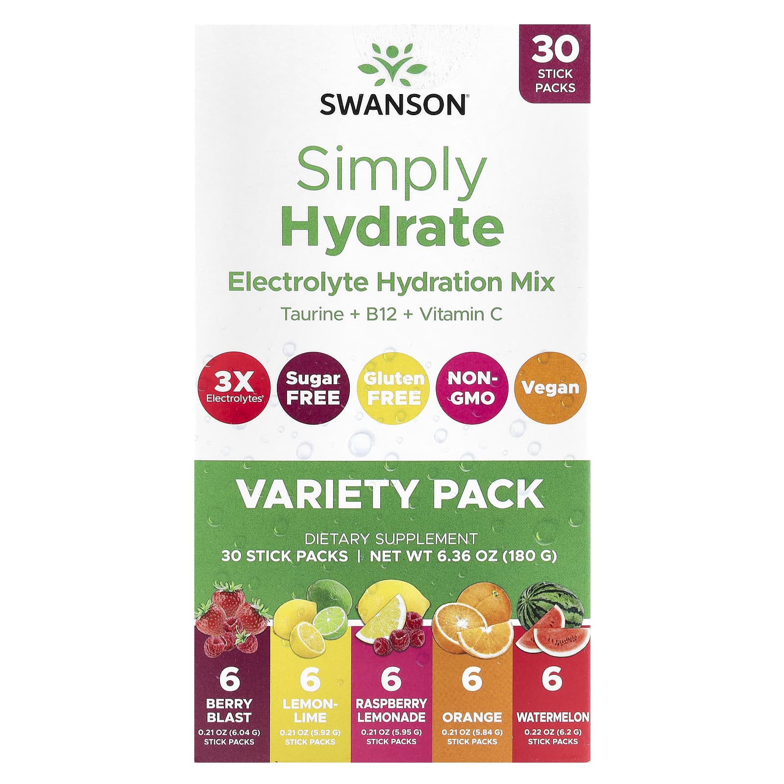 Swanson, Simply Hydrate, смесь для гидратации электролитов, набор из 30 стиков, 180 г (6,36 унции)