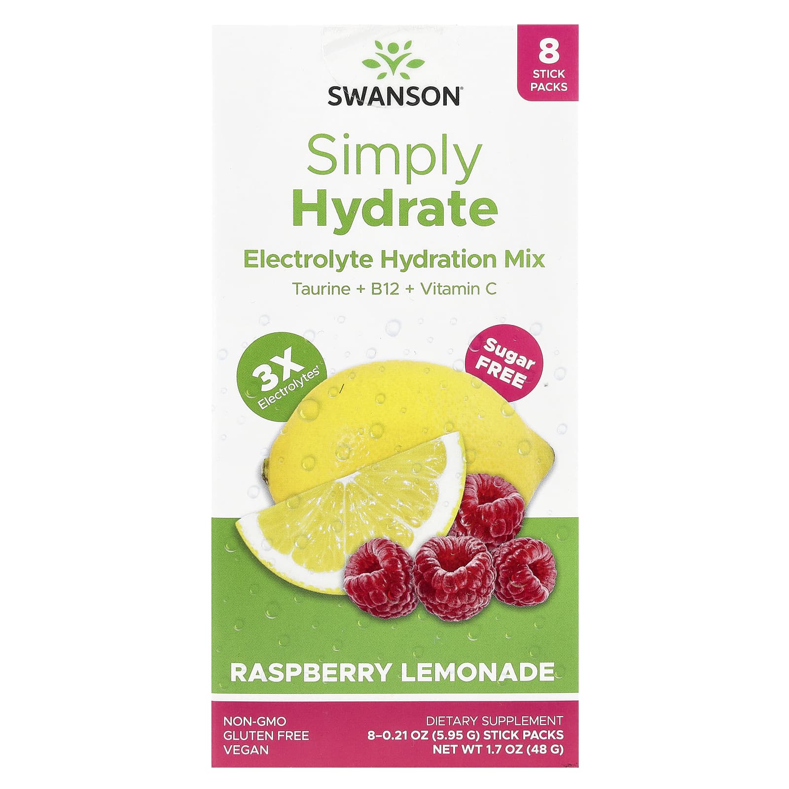 Swanson, Simply Hydrate, смесь для гидратации электролитов, малиновый лимонад, 8 пакетиков по 5,95 г (0,21 унции)