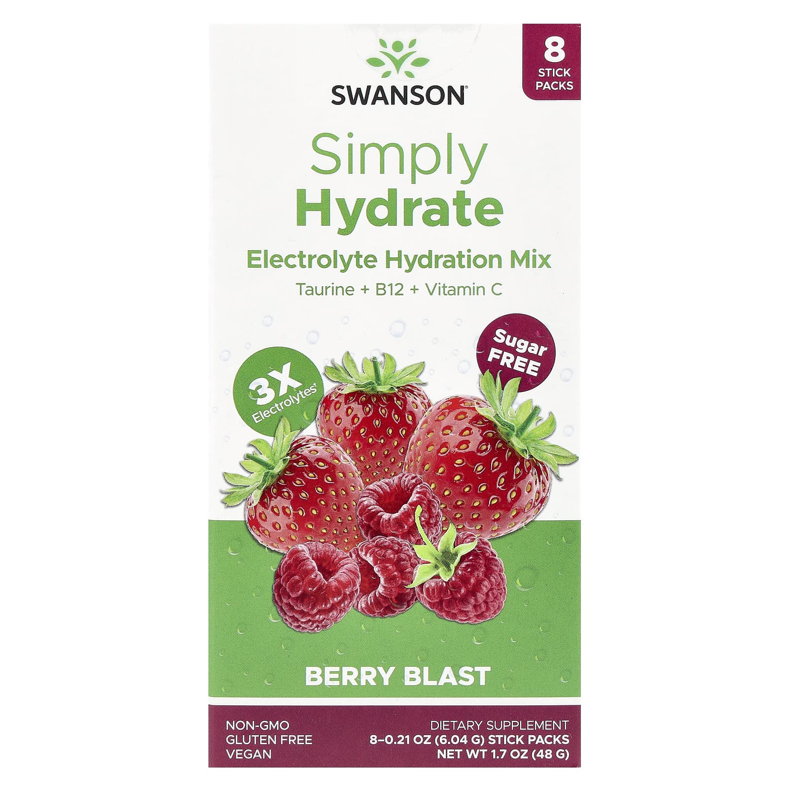 Swanson, Simply Hydrate, смесь для гидратации электролитов, Berry Blast, 8 пакетиков в виде стиков по 6,04 г (0,21 унции)