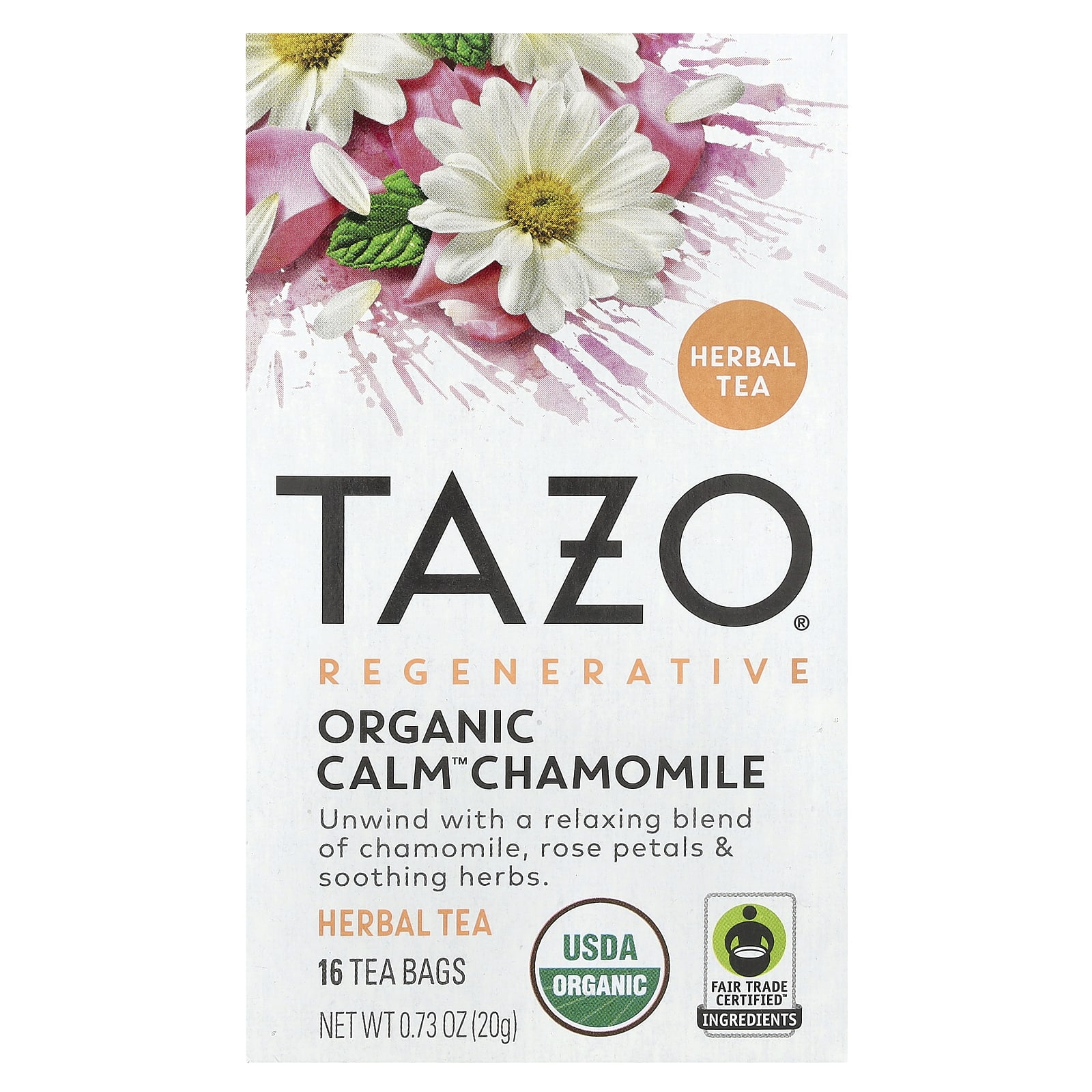 Tazo Teas Regenerative травяной чай органическая успокаивающая ромашка без кофеина 16 чайных пакетиков 20 г 073 унции 1590₽