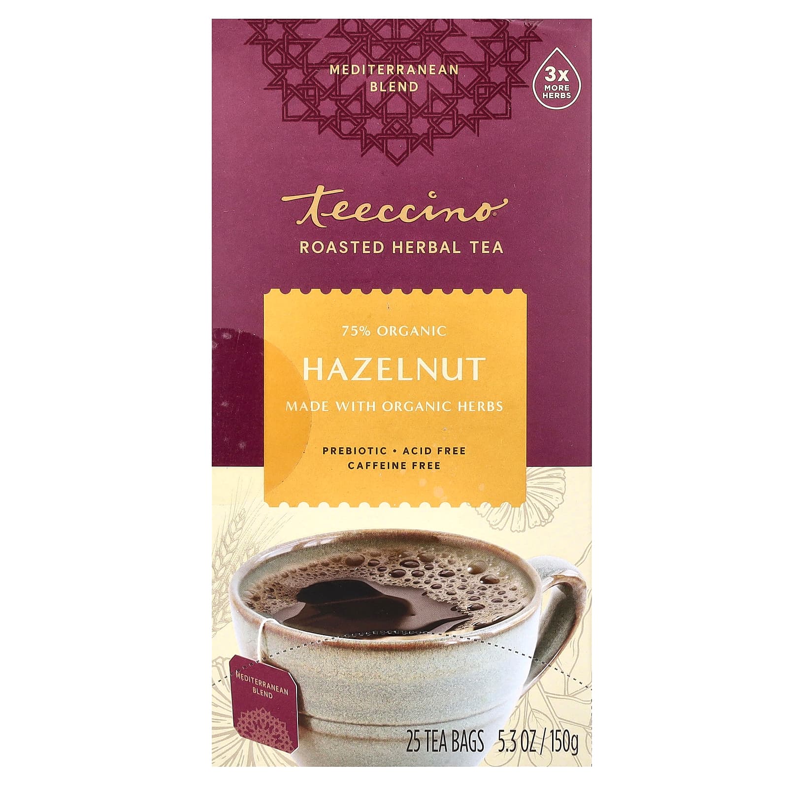Teeccino, чай из обжаренных трав, вкус лесного ореха, без кофеина, 25 чайных пакетиков, 150 г (5,3 унции)