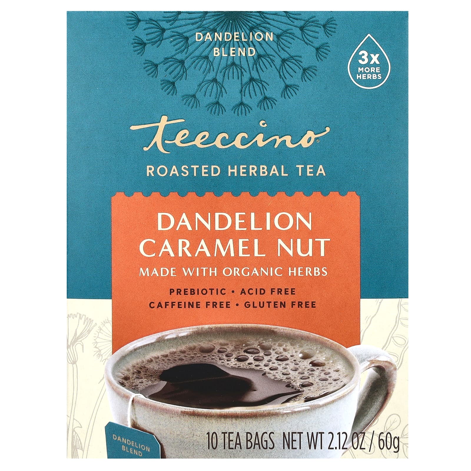 Teeccino, Жареный травяной чай, одуванчик и карамель, без кофеина, 10 чайных пакетиков, 60 г (2,12 унции)