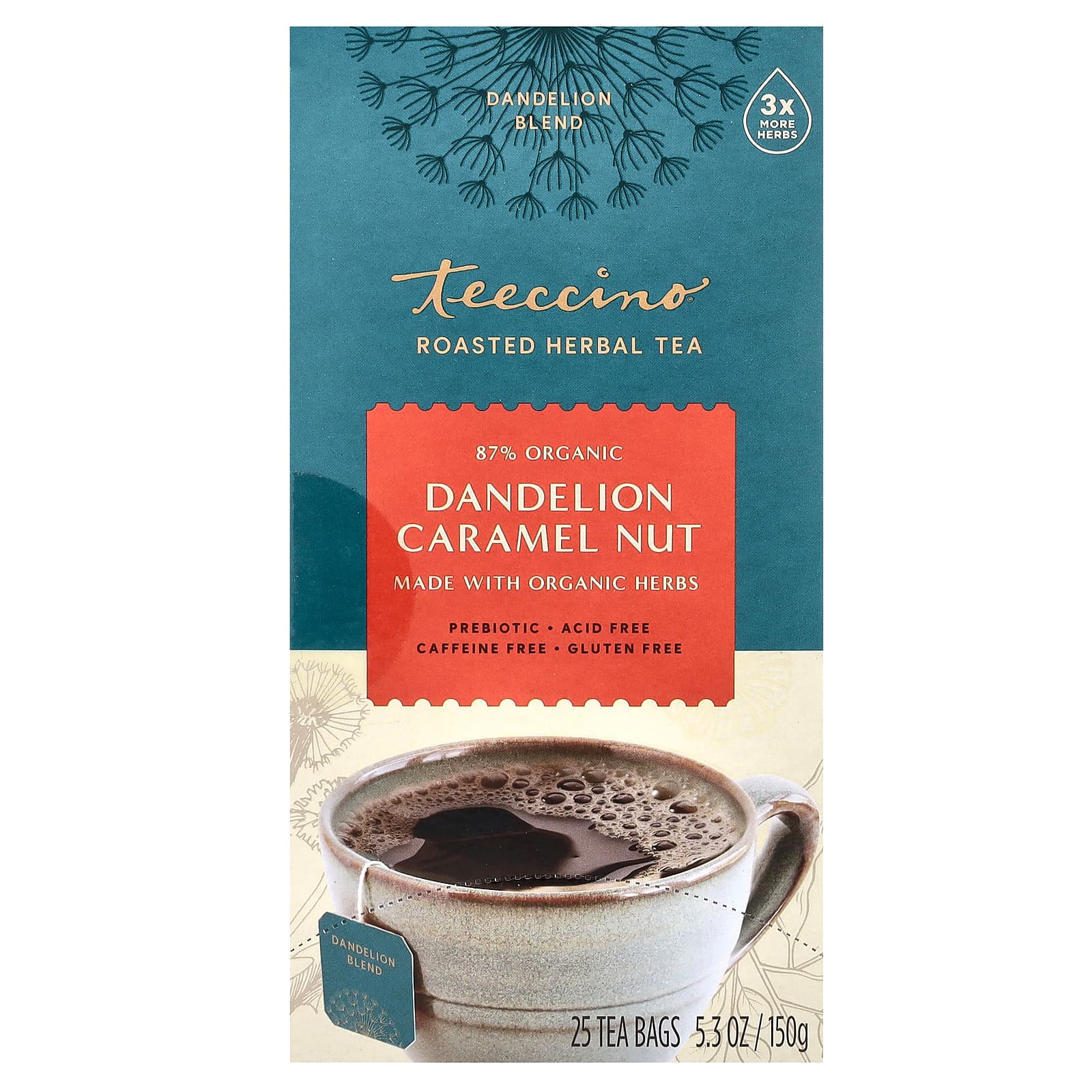 Teeccino, чай из обжаренных трав, одуванчик, карамель и орех, без кофеина, 25 чайных пакетиков, 150 г (5,3 унции)
