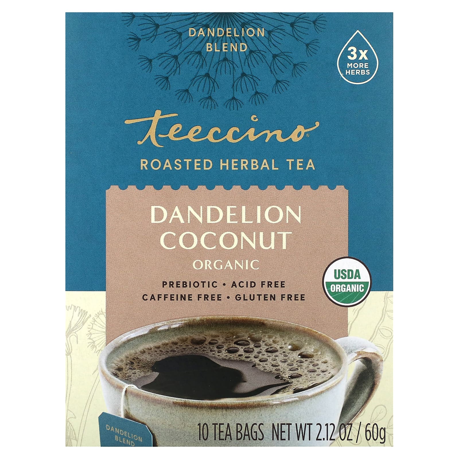 Teeccino, Органический жареный травяной чай, одуванчик и кокос, без кофеина, 10 чайных пакетиков, 60 г (2,12 унции)