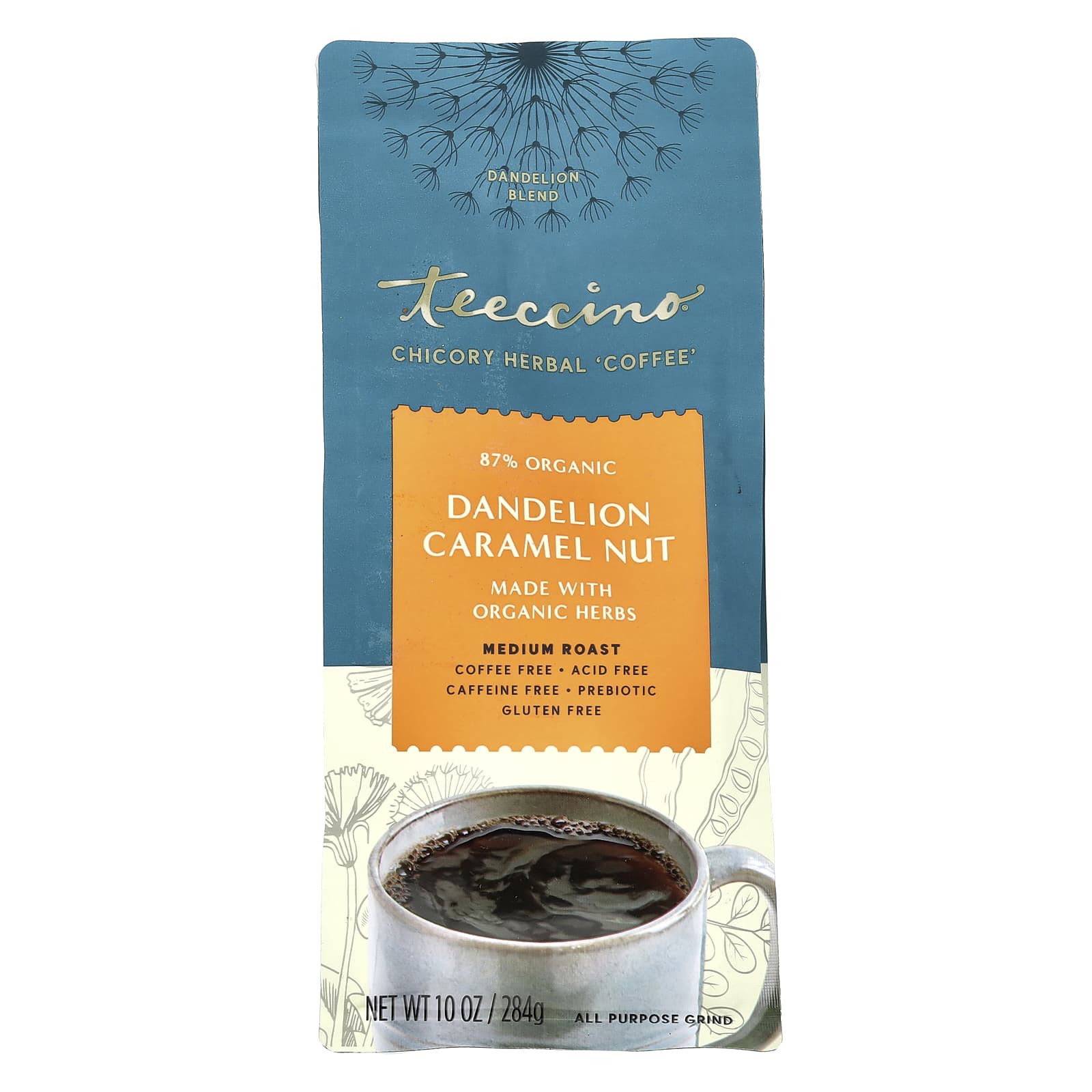 Teeccino, травяной кофе из цикория, средней прожарки, с одуванчиком, с карамельно-ореховым вкусом, без кофеина, 284 г (10 унций)