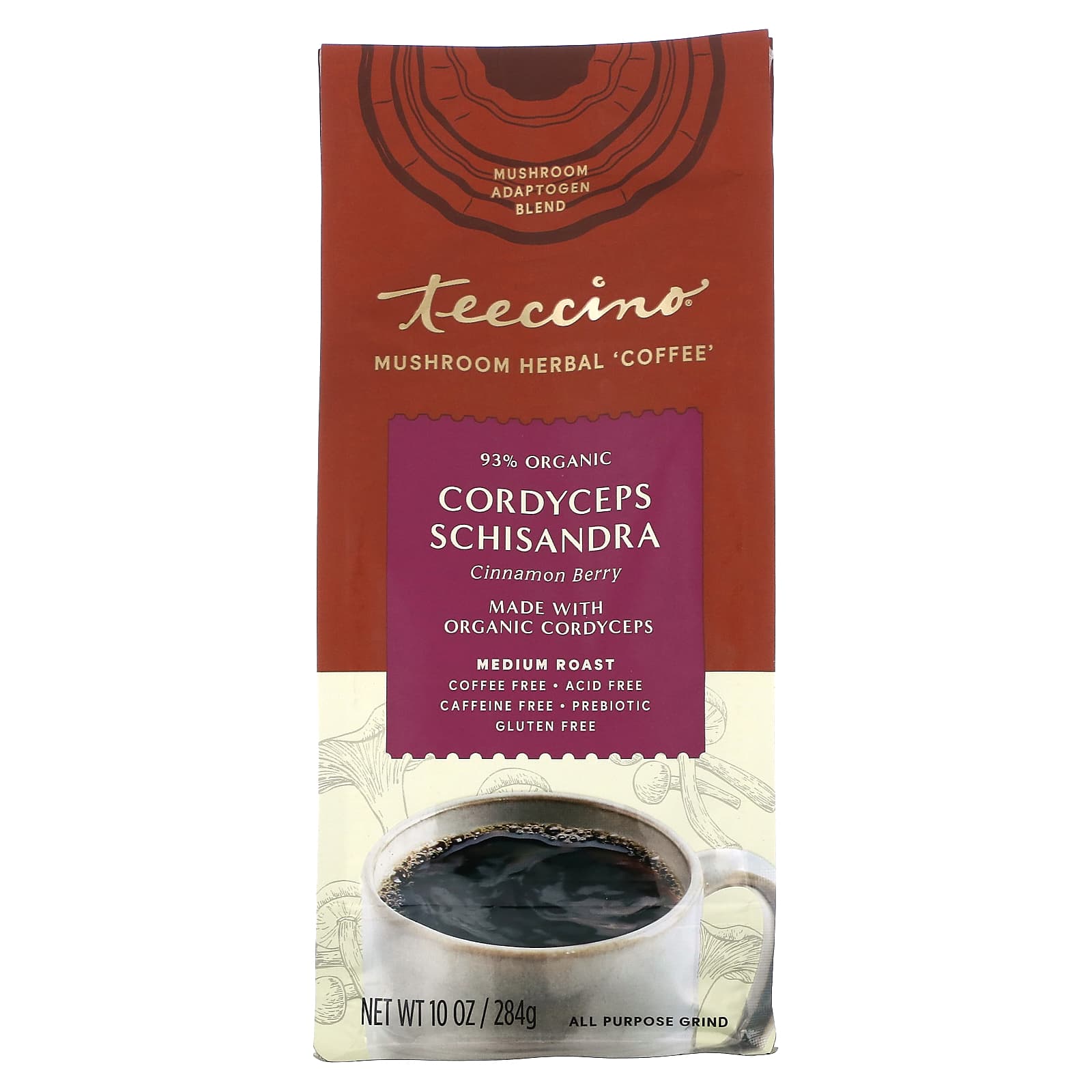 Teeccino, Травяной кофе с грибами, кордицепс и лимонник, ягоды корицы, средней обжарки, без кофеина, 284 г (10 унций)