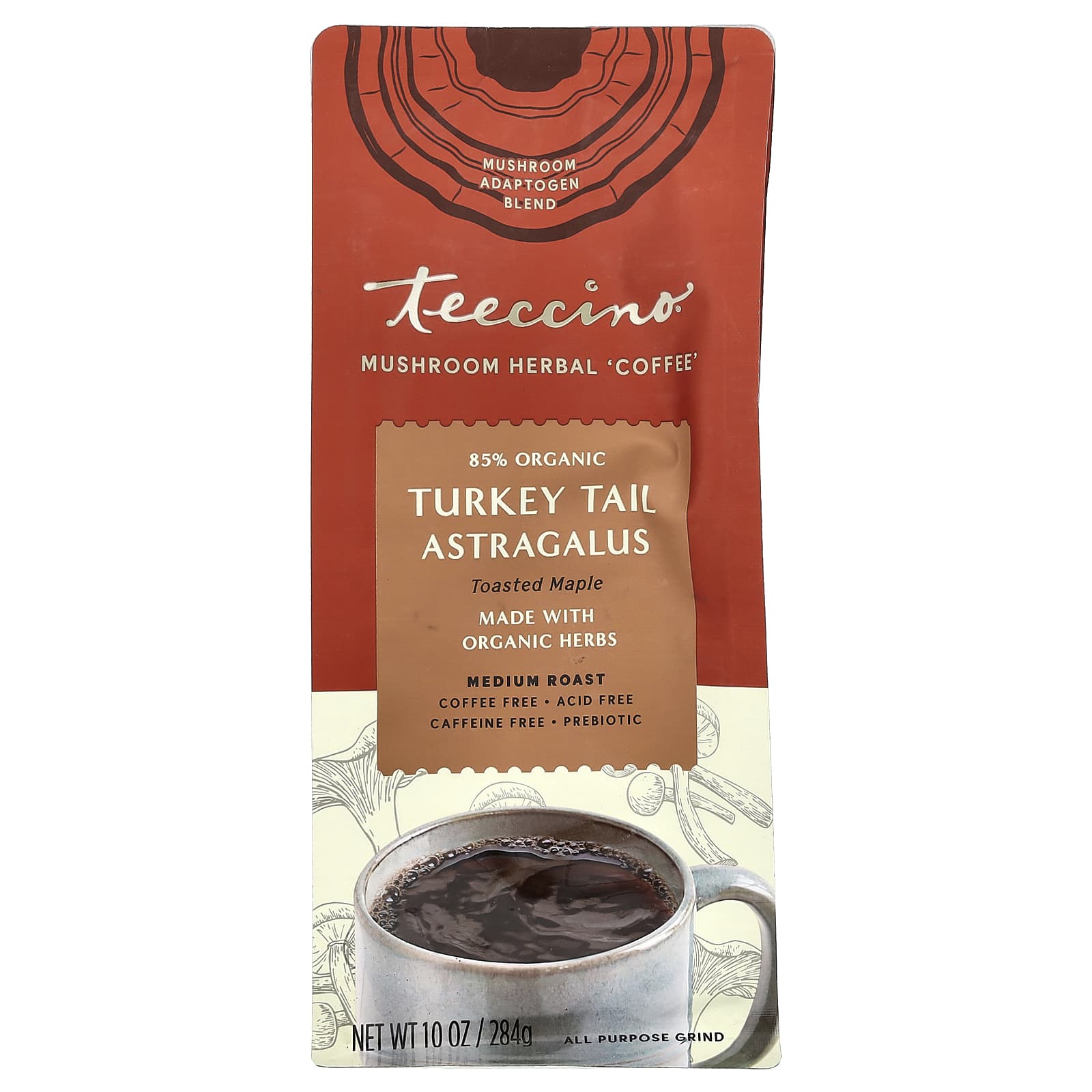 Teeccino, травяной кофе с грибами, трутовик разноцветный и астрагал, обжаренный клен, средняя обжарка, без кофеина, 284 г (10 унций)