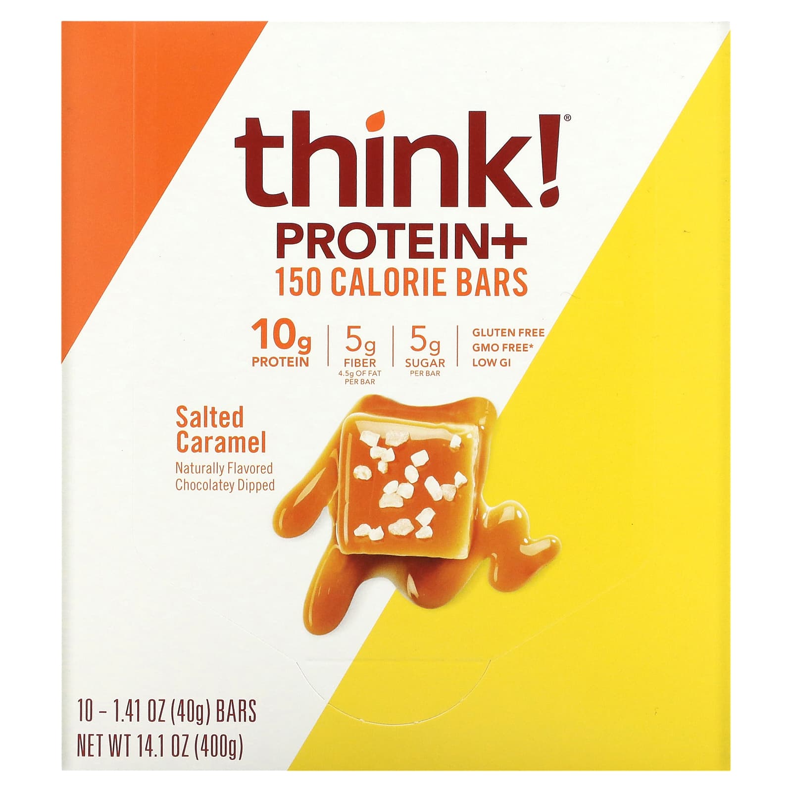 Think !, Батончики Protein + 150 Calorie, соленая карамель, 10 батончиков по 1,41 унции (40 г) каждый