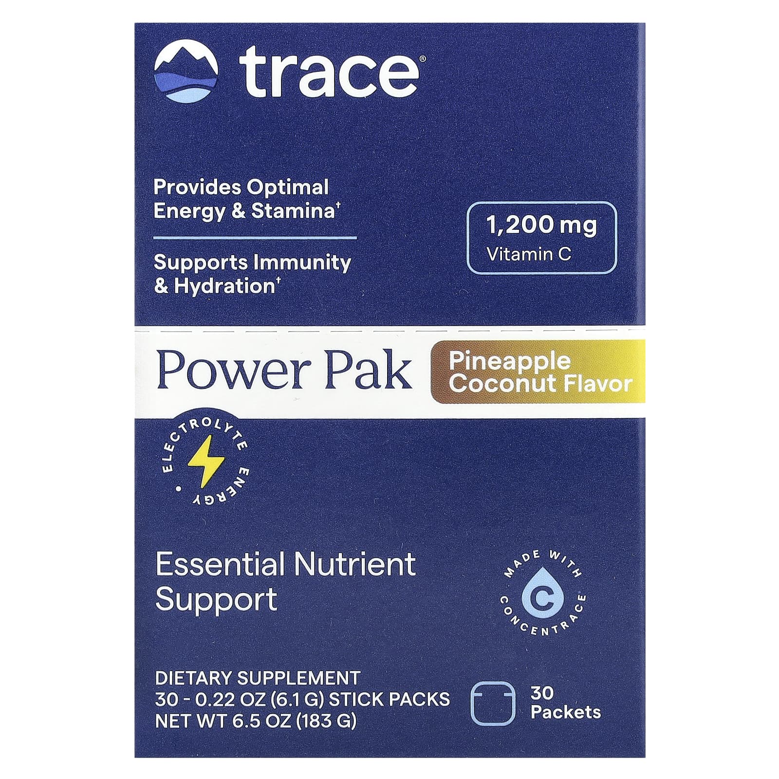 Trace Minerals ®, PowerPak, электролит для повышения выносливости, ананас и кокос, 30 пакетиков, по 6,1 г (0,22 унции)