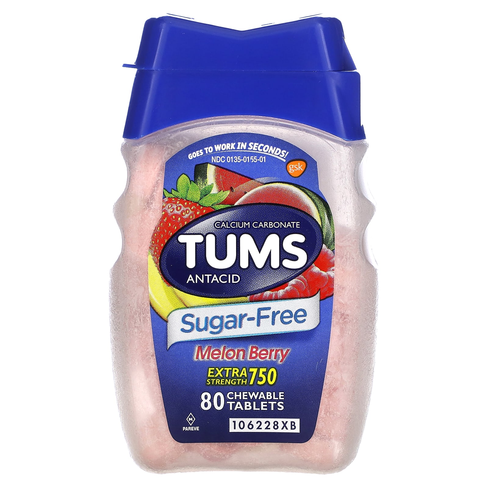 Tums, антацид с повышенной силой действия, дыня и ягоды, 80 жевательных таблеток