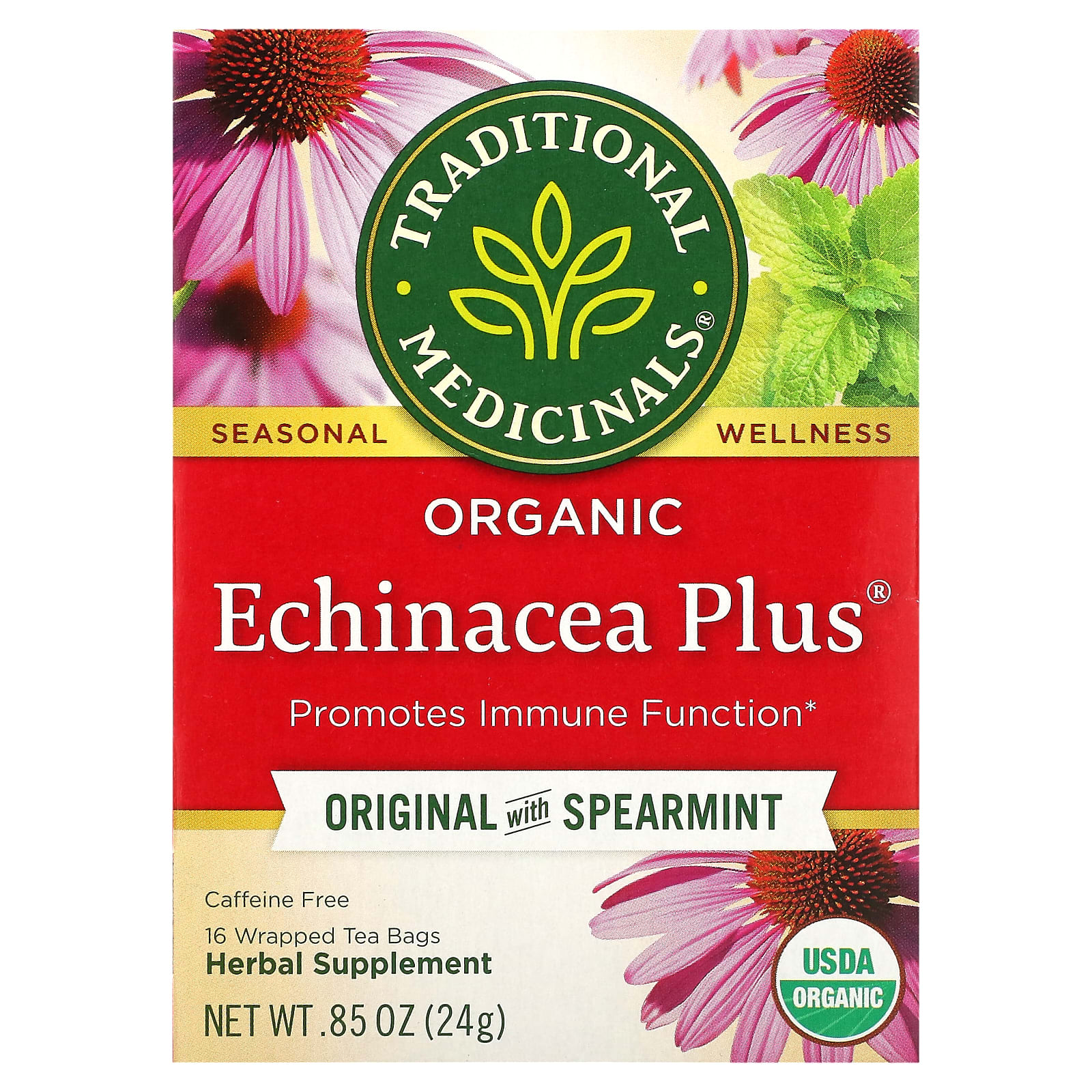 Traditional Medicinals Organic Echinacea Plus оригинальный вкус с мятой без кофеина 16 чайных пакетиков в упаковке 24 г 085 унции 1890₽