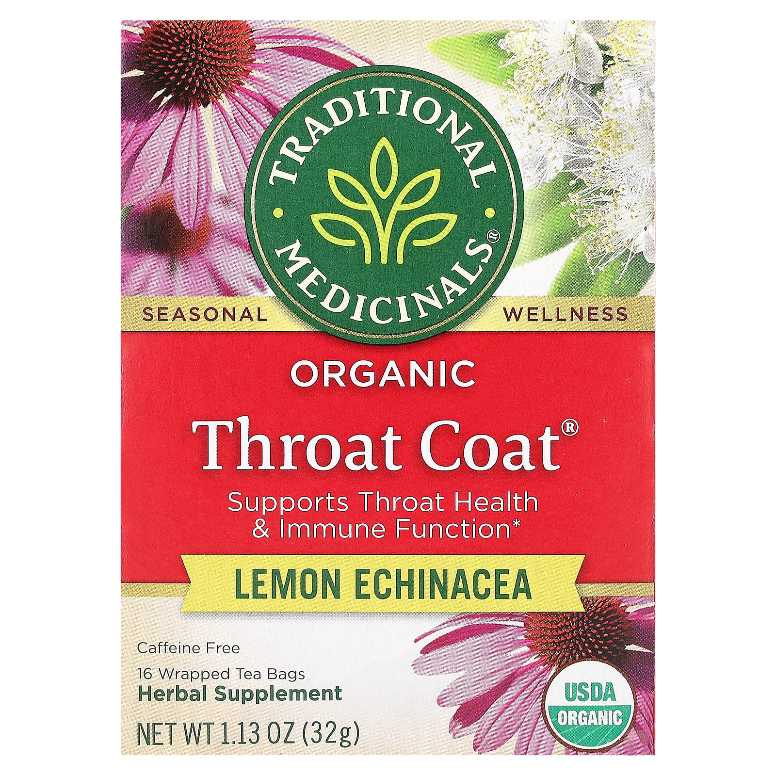 Traditional Medicinals Organic Throat Coat лимонная эхинацея без кофеина 16 чайных пакетиков в упаковке 32 г 113 унции 1890₽