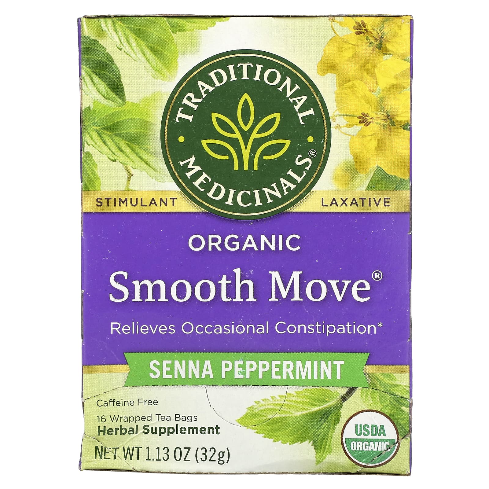 Traditional Medicinals, Smooth Move, органическое слабительное средство, мята перечная и сенна, без кофеина, 16 чайных пакетиков, 32 г, (1,13 унции)