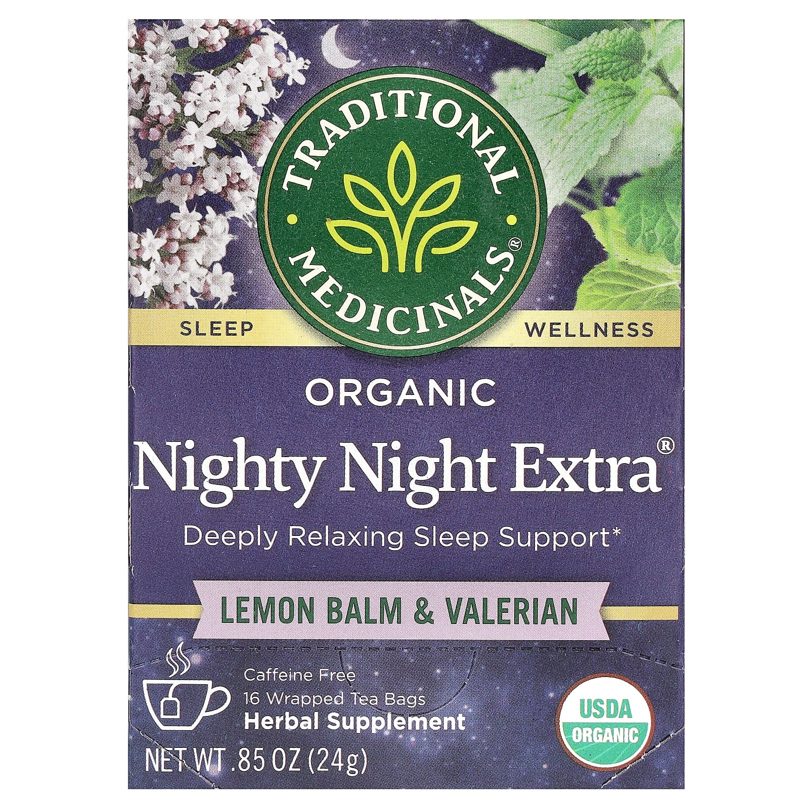 Traditional Medicinals, Organic Nighty Night Extra, мелисса и валериана, без кофеина, 16 чайных пакетиков в упаковке, 24 г (0,85 унции)