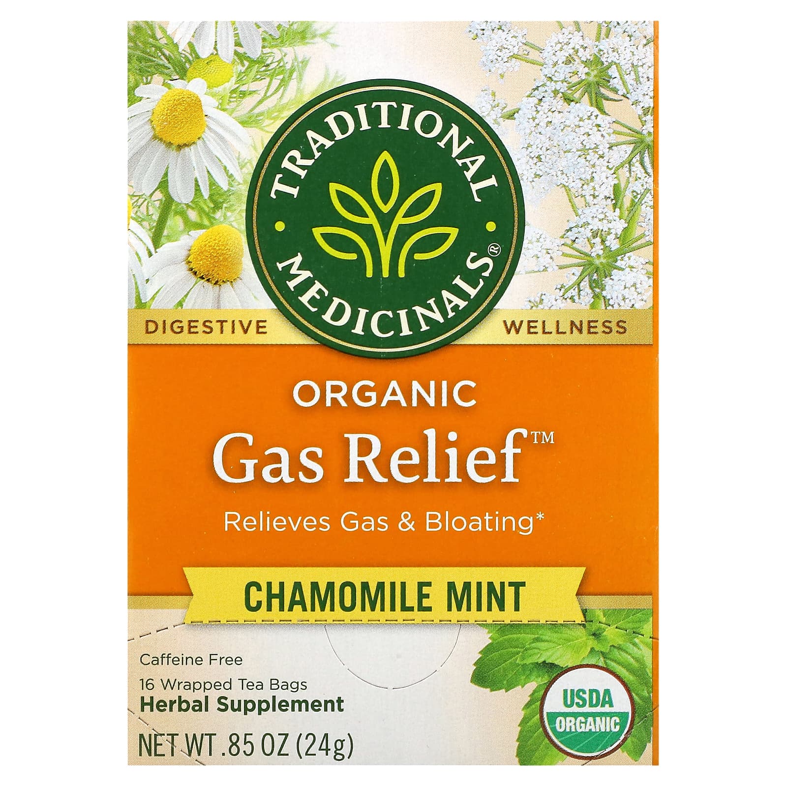 Traditional Medicinals, Organic Gas Relief, без кофеина, ромашка и мята, 16 чайных пакетиков в упаковке, 24 г (0,85 унции)