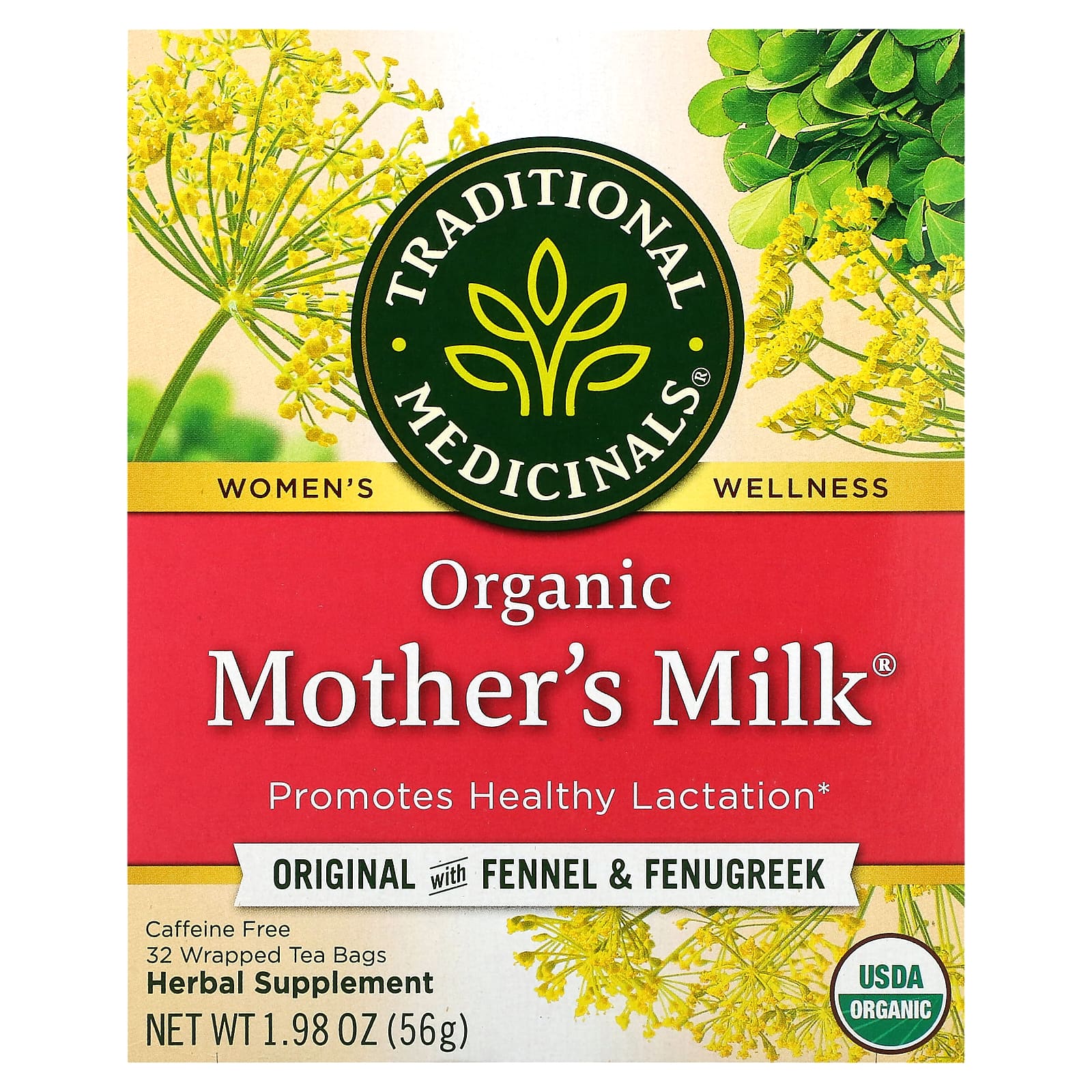 Traditional Medicinals, Mother's Milk, органический фирменный чай с фенхелем и пажитником, без кофеина, 32 чайных пакетиков, 56 г (1,98 унции)