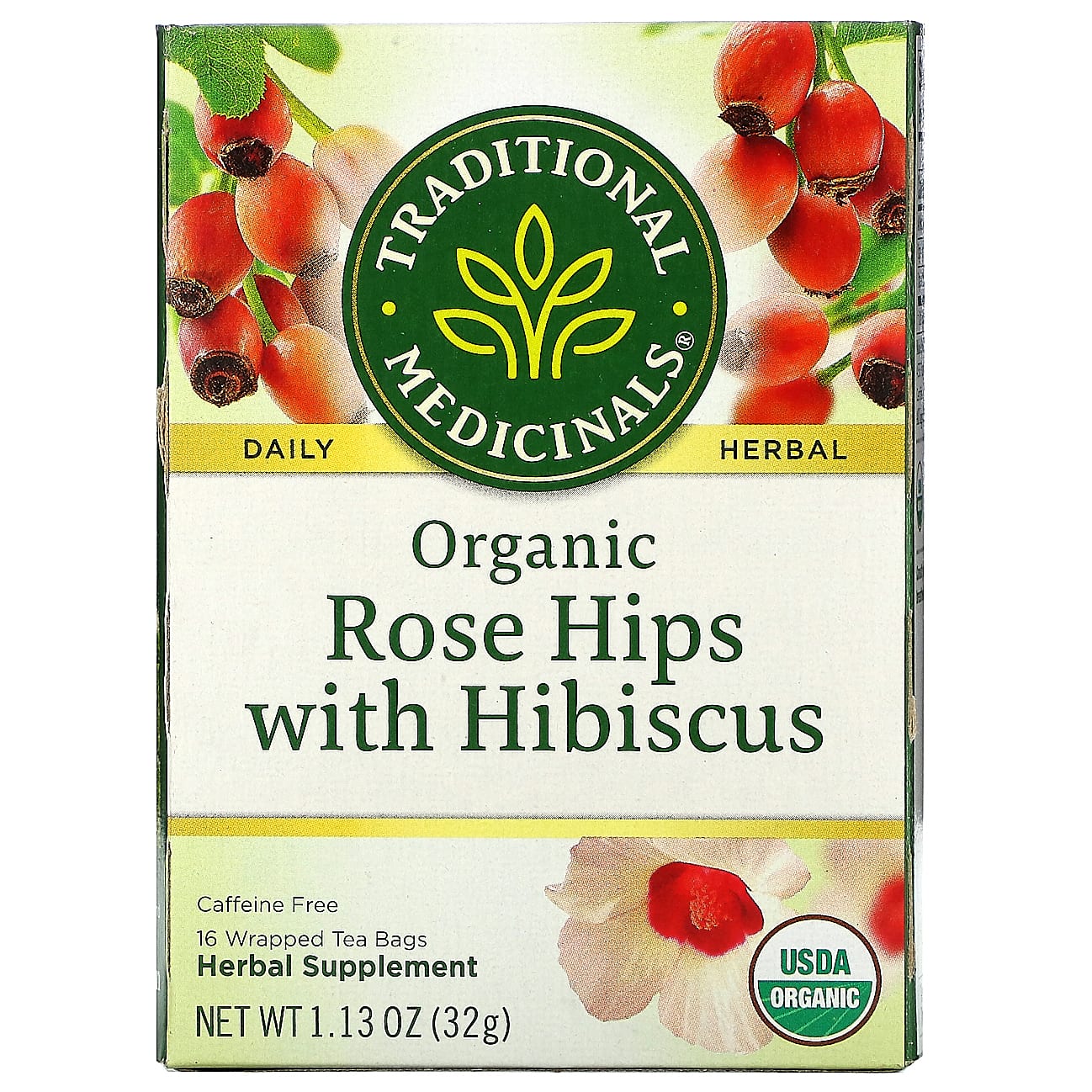 Traditional Medicinals, органические плоды шиповника с гибискусом, без кофеина, 16 чайных пакетиков в упаковке, 32 г (1,13 унции)
