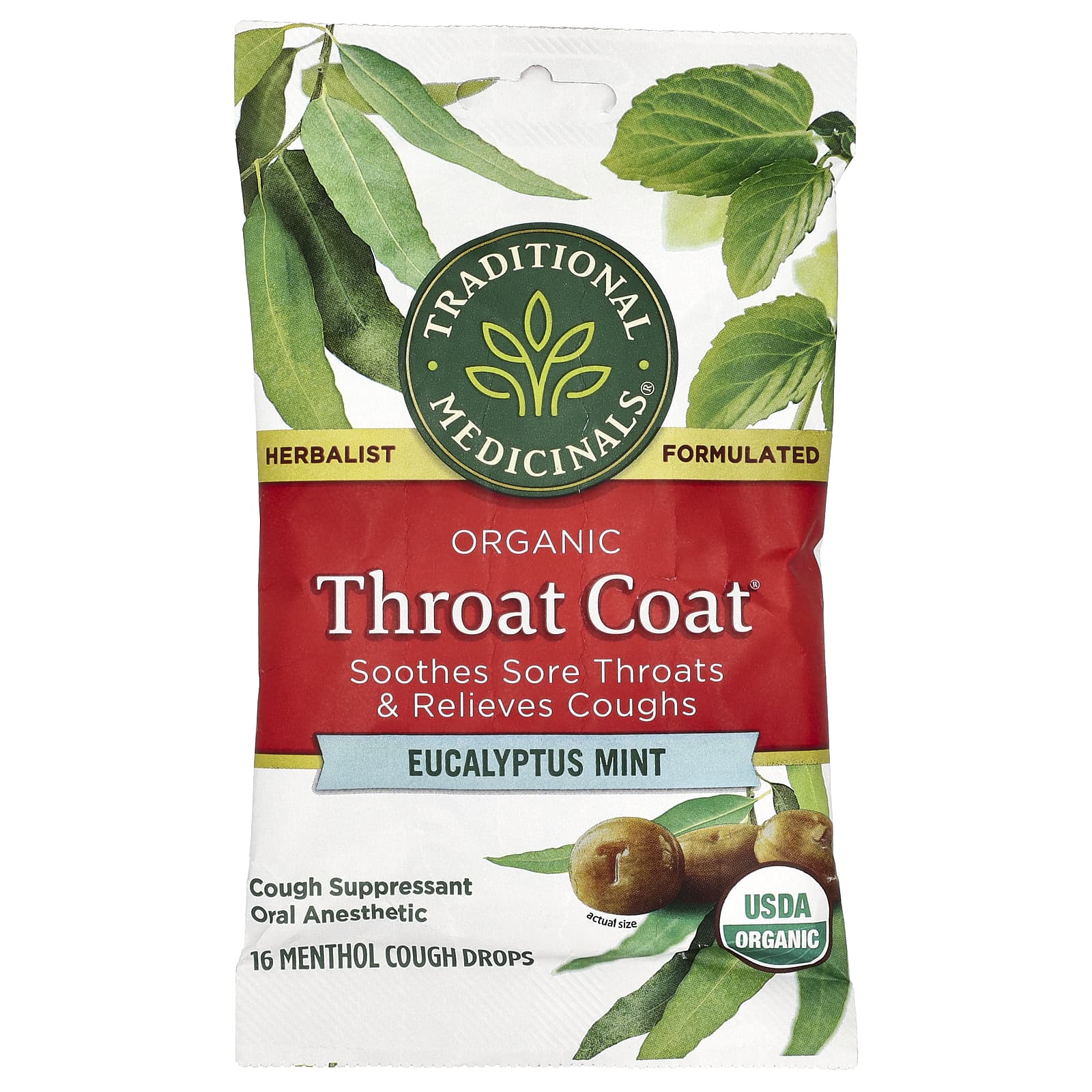 Traditional Medicinals, Organic Throat Coat Drops, эвкалиптовая мята, 16 леденцов от кашля с ментолом