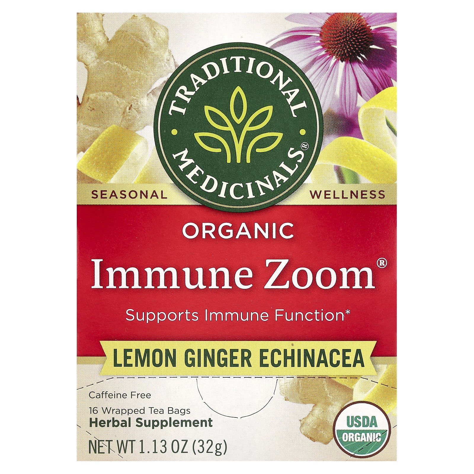 Traditional Medicinals, Organic Immune Zoom®, эхинацея с лимоном и имбирем, без кофеина, 16 чайных пакетиков в упаковке, 32 г (1,13 унции)