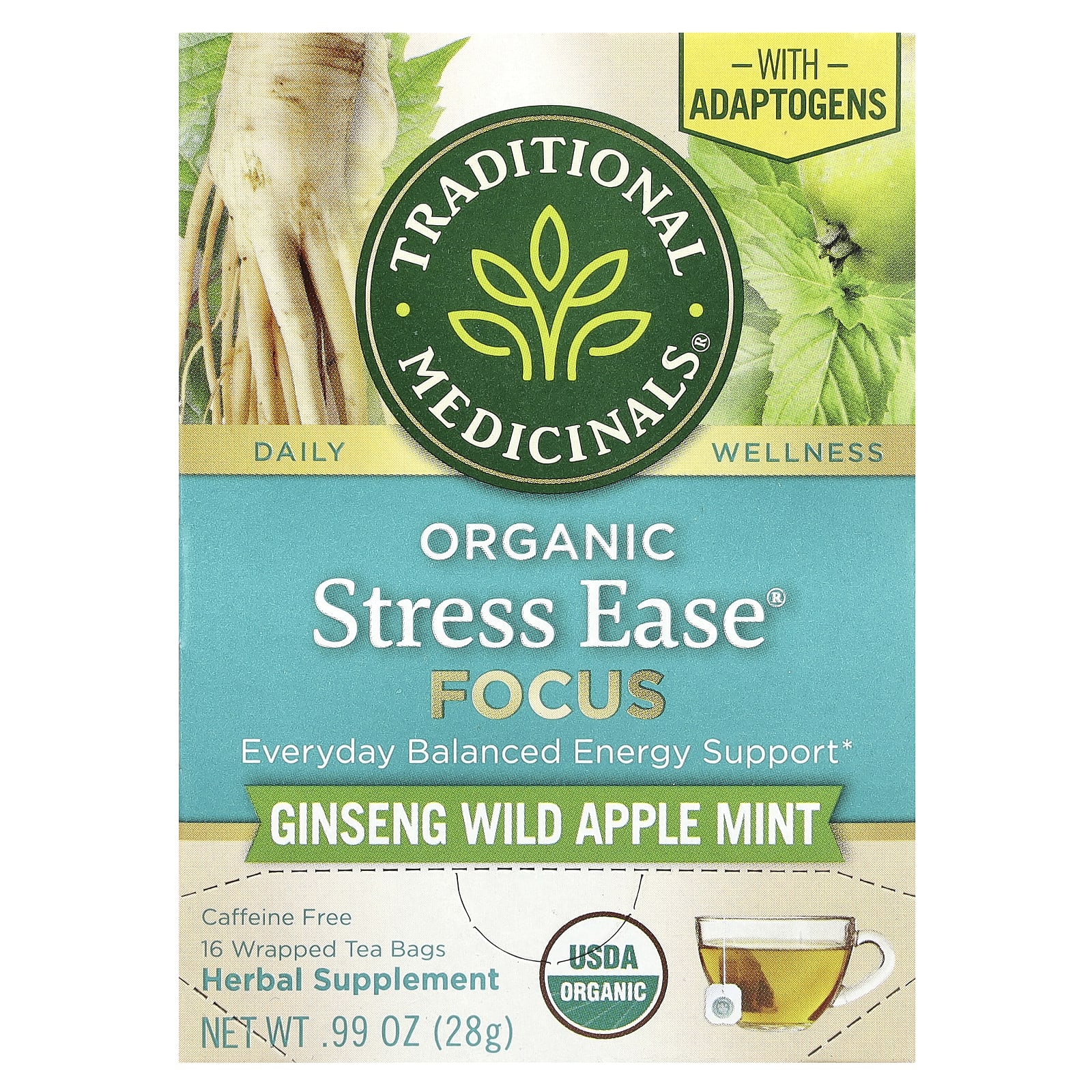Traditional Medicinals, органический Stress Ease Focus, женьшень, дикое яблоко и мята, без кофеина, 16 чайных пакетиков в упаковке, 28 г (0,99 унции)