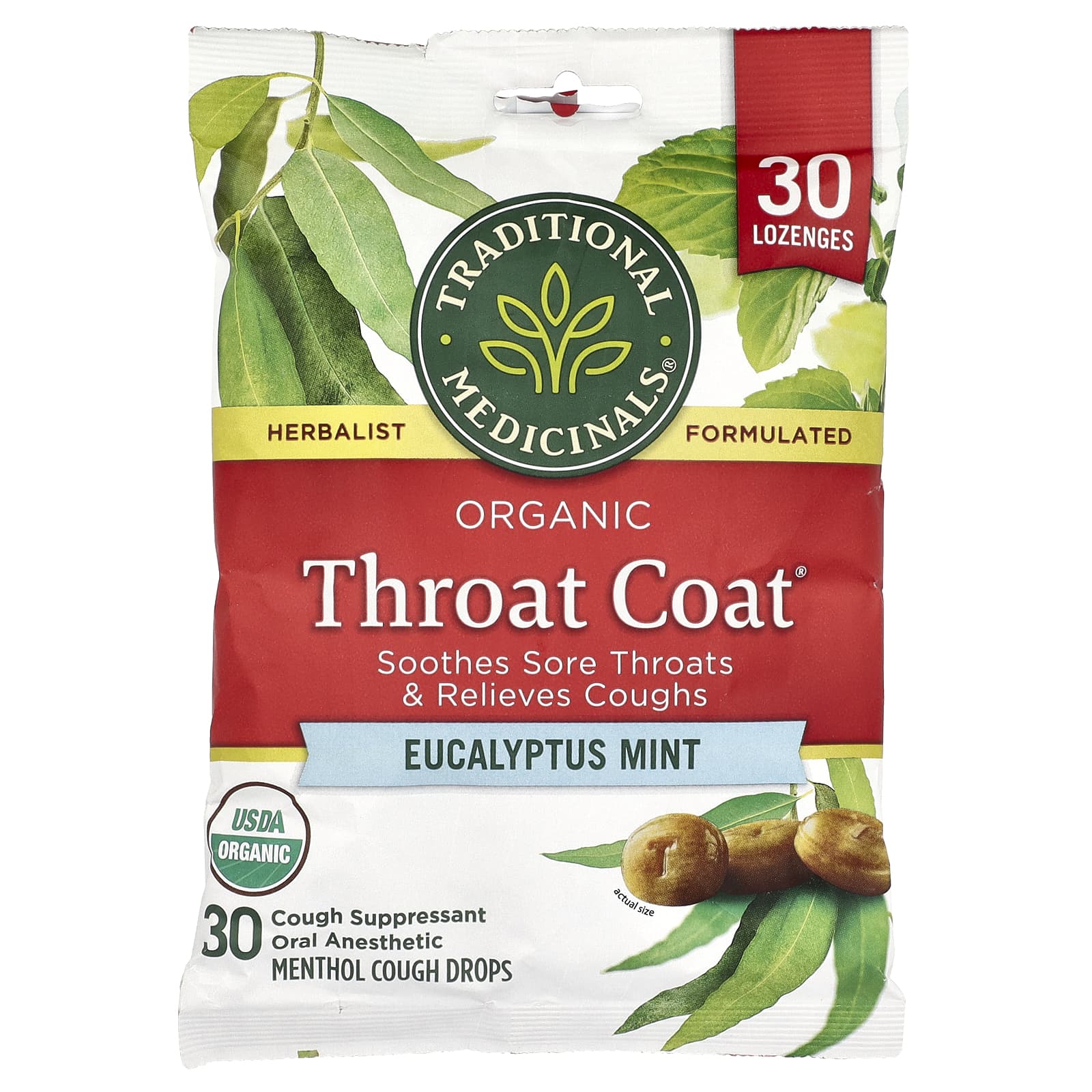 Traditional Medicinals, Organic Throat Coat®, эвкалипт и мята, 30 пастилок