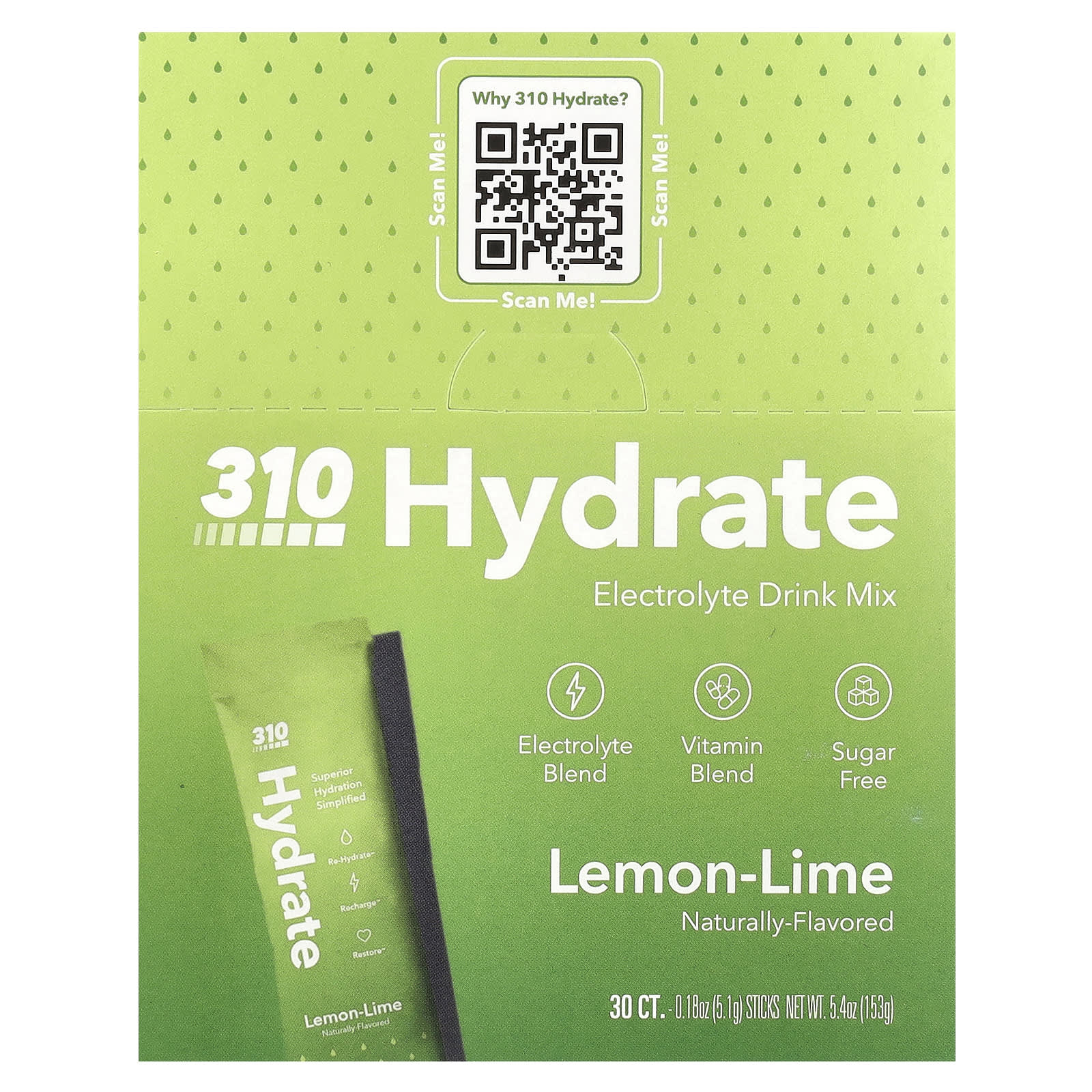 310 Nutrition, Hydrate, Electrolyte Drink Mix, Lemon-Lime , 30 Sticks, 0.18 oz (5.1 g) Each