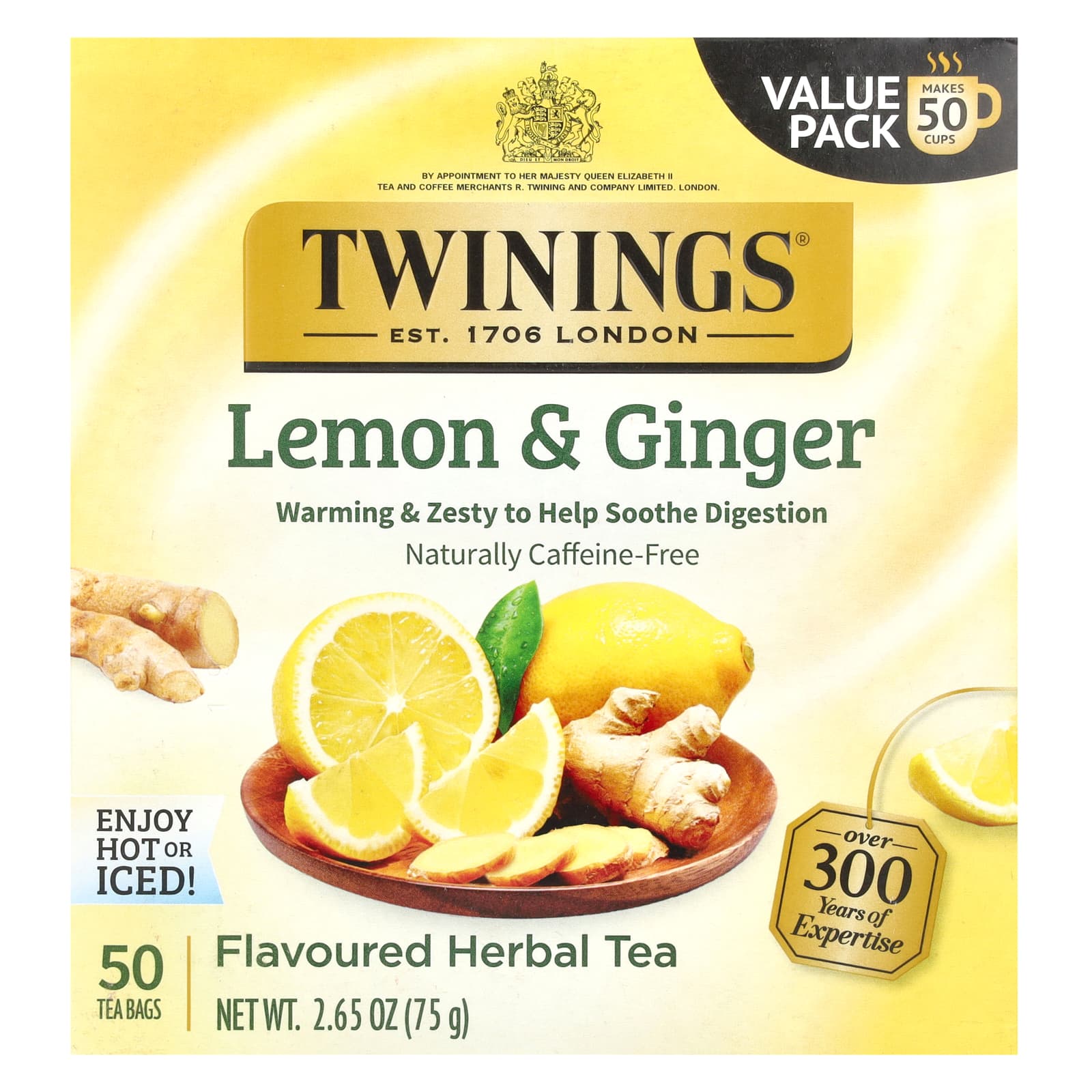 Twinings, Ароматизированный травяной чай, лимон и имбирь, без кофеина, 50 чайных пакетиков, 75 г (2,65 унции)