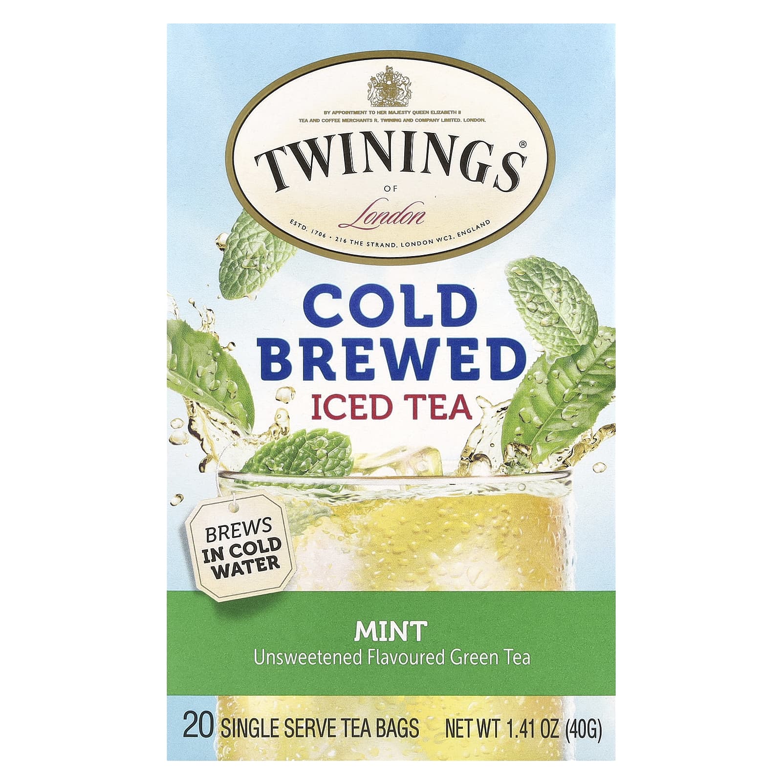 Twinings холодный чай со льдом несладкий зеленый чай вкус мяты 20 индивидуальных чайных пакетиков 40 г 141 унции 1690₽