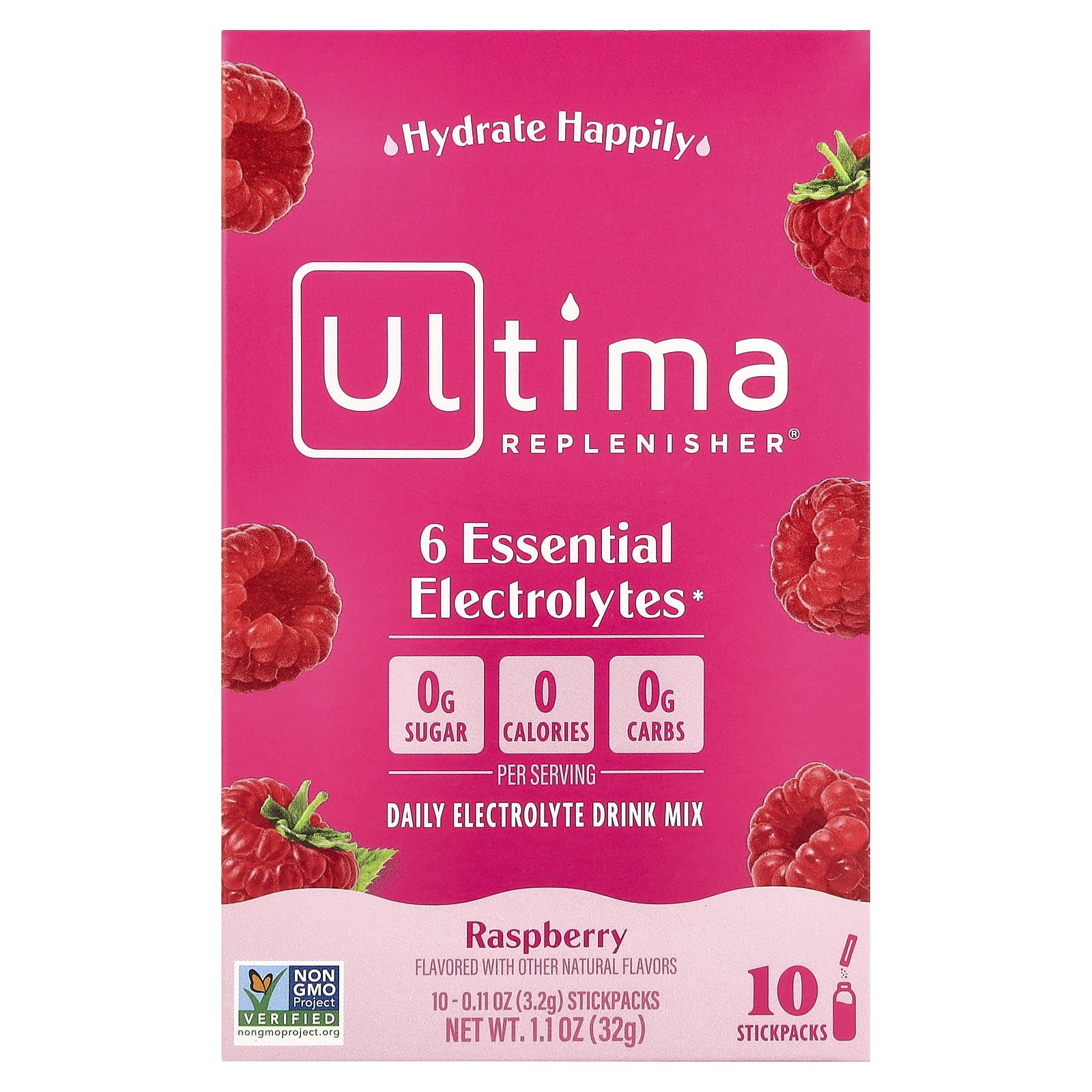 Ultima Replenisher, 6 Essential Electrolytes, ежедневная смесь для приготовления электролитов, малина, 10 пакетиков по 3,2 г (0,11 унции)