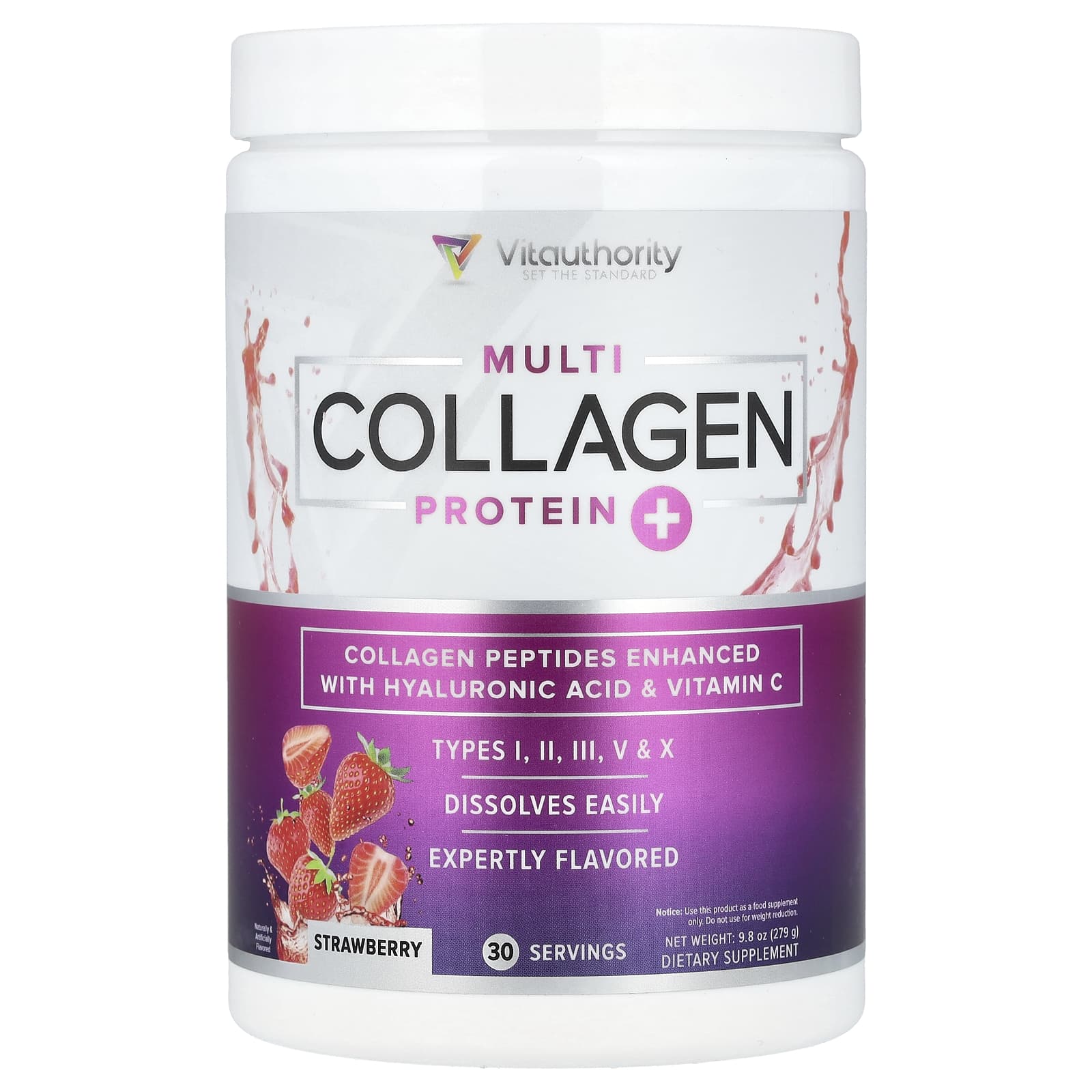 Vitauthority, Multi Collagen Protein +, клубника, 279 г (9,8 унции)