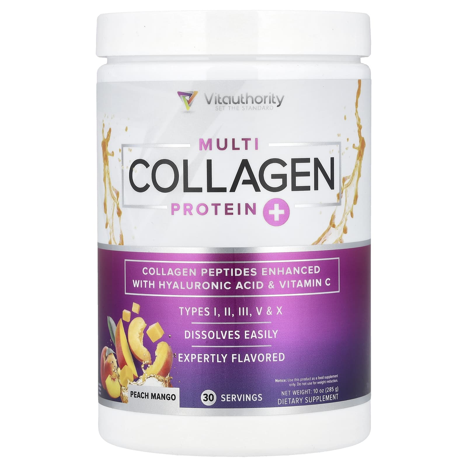 Vitauthority, Multi Collagen Protein +, персик и манго, 285 г (10 унций)