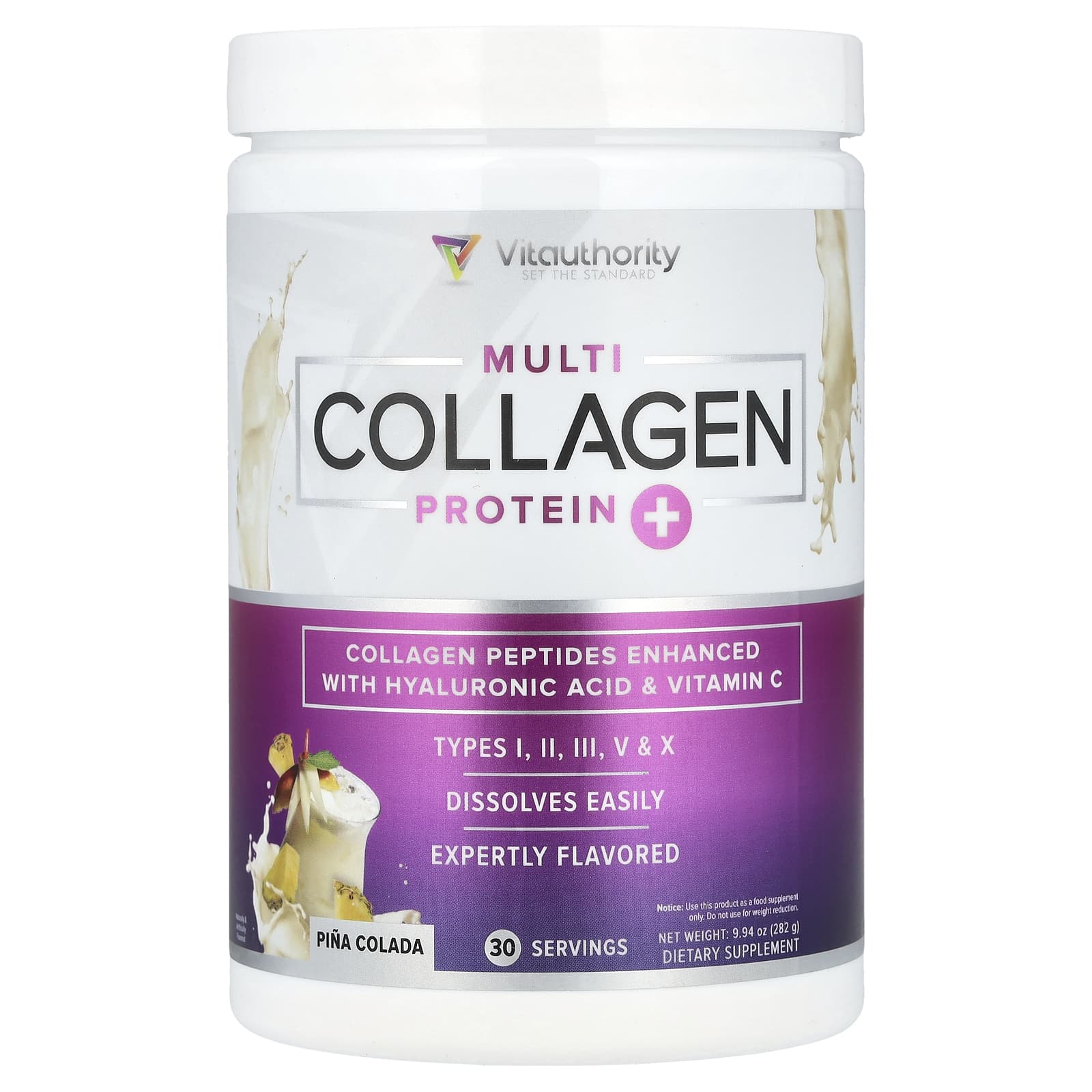 Vitauthority, Multi Collagen Protein +, пина-колада, 282 г (9,94 унции)