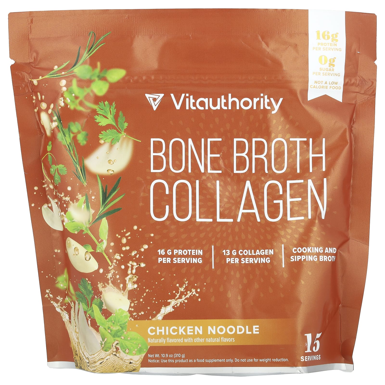 Vitauthority, Bone Broth Collagen, куриная лапша, 310 г (10,9 унции)