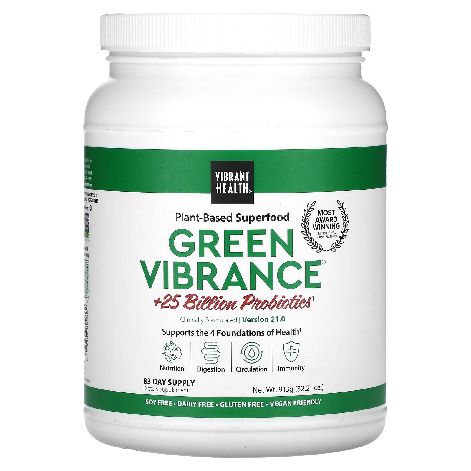 Vibrant Health, Green Vibrance +25 млрд пробиотиков, версия 21.0, 913 г (32,21 унции)