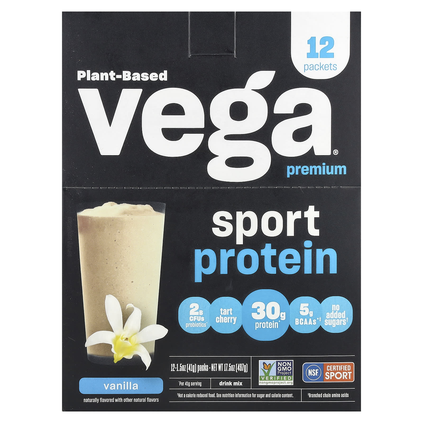 Vega Sport протеин премиального качества на растительной основе ваниль 12 пакетиков 41 г 15 унции 6590₽