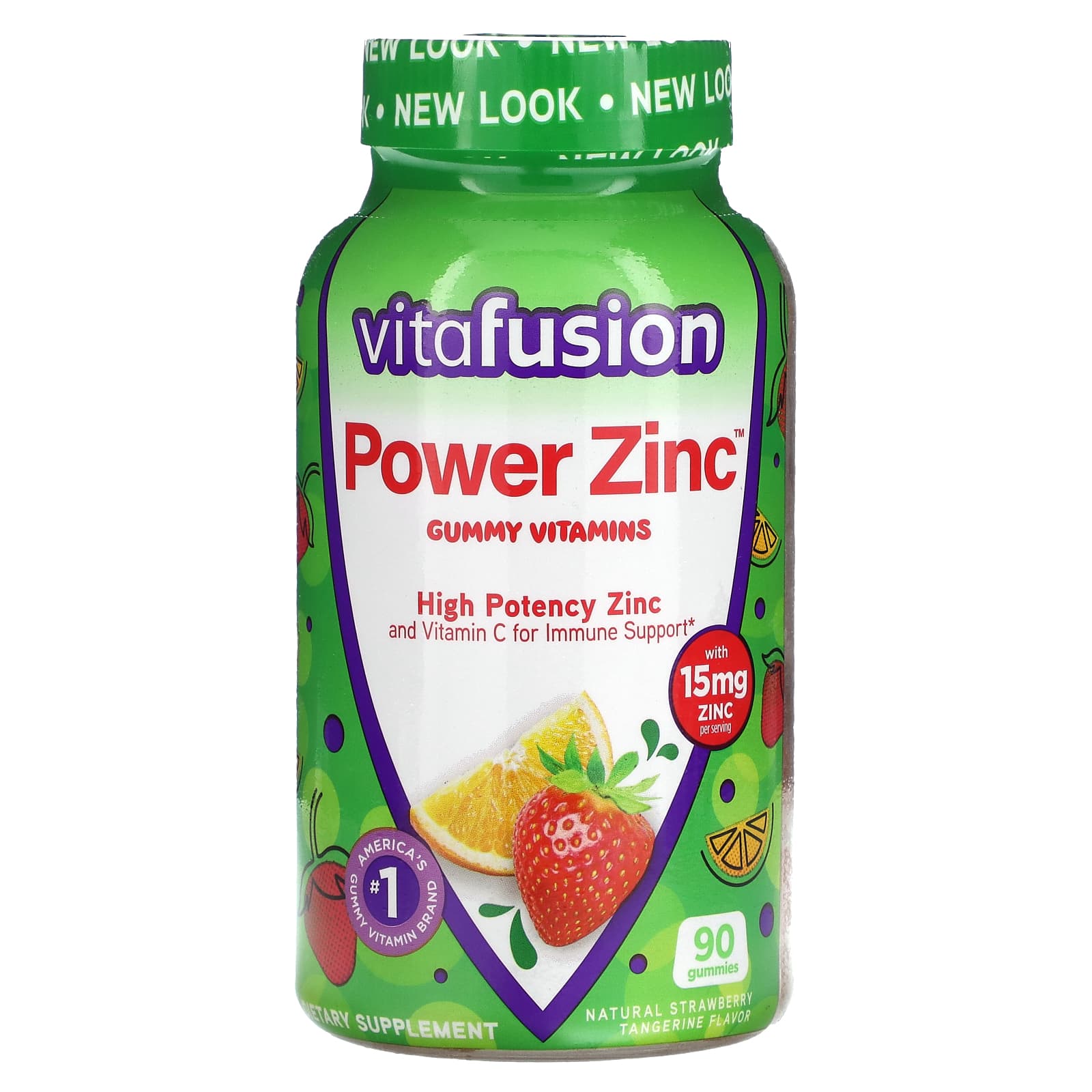 VitaFusion, Power Zinc, жевательные витамины, с натуральным вкусом клубники и мандарина, 15 мг, 90 жевательных мармеладок (5 мг в 1 жевательной таблетке)