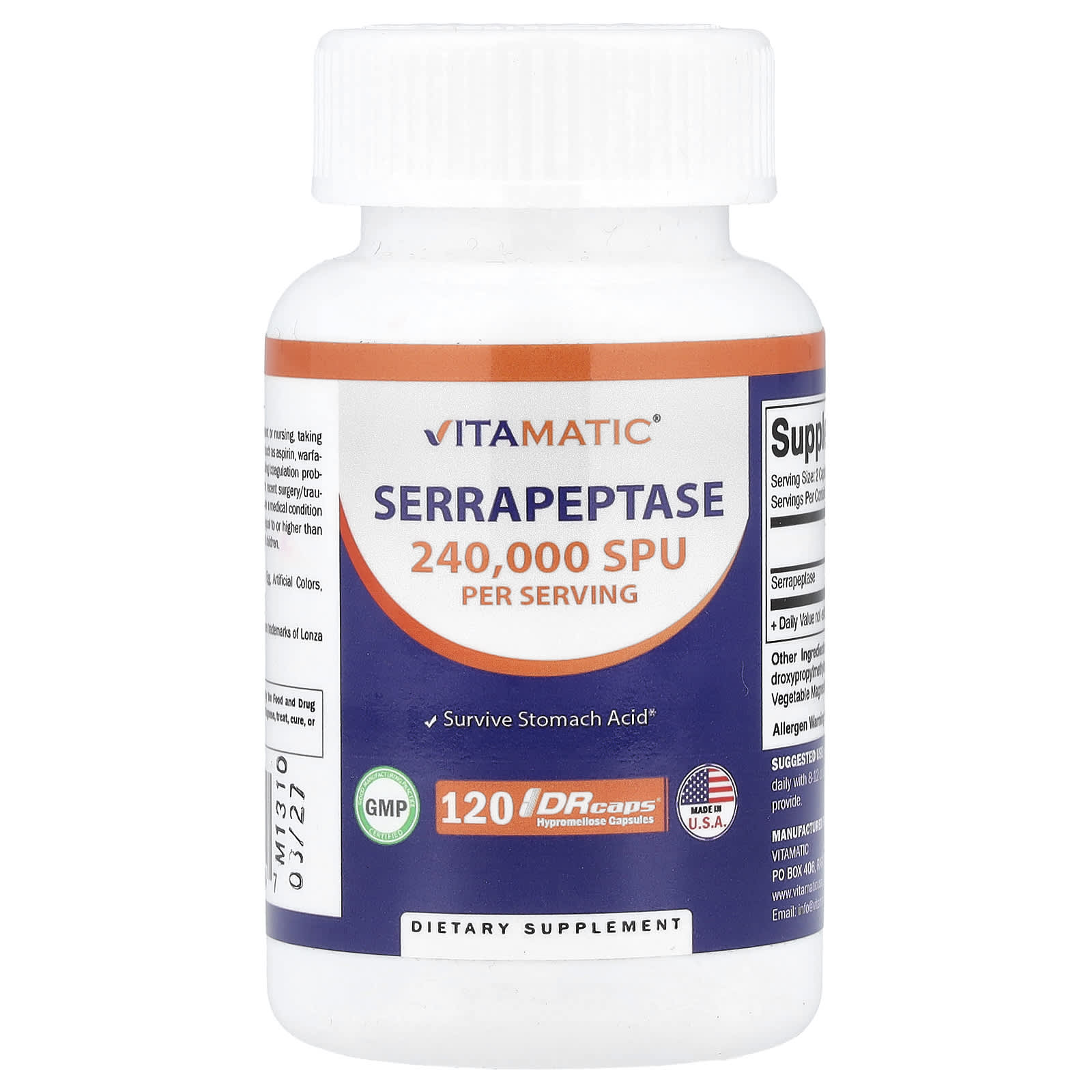 Vitamatic, Серрапептаза, 240 000 SPU, 120 DrCaps® (120 000 SPU на капсулу)