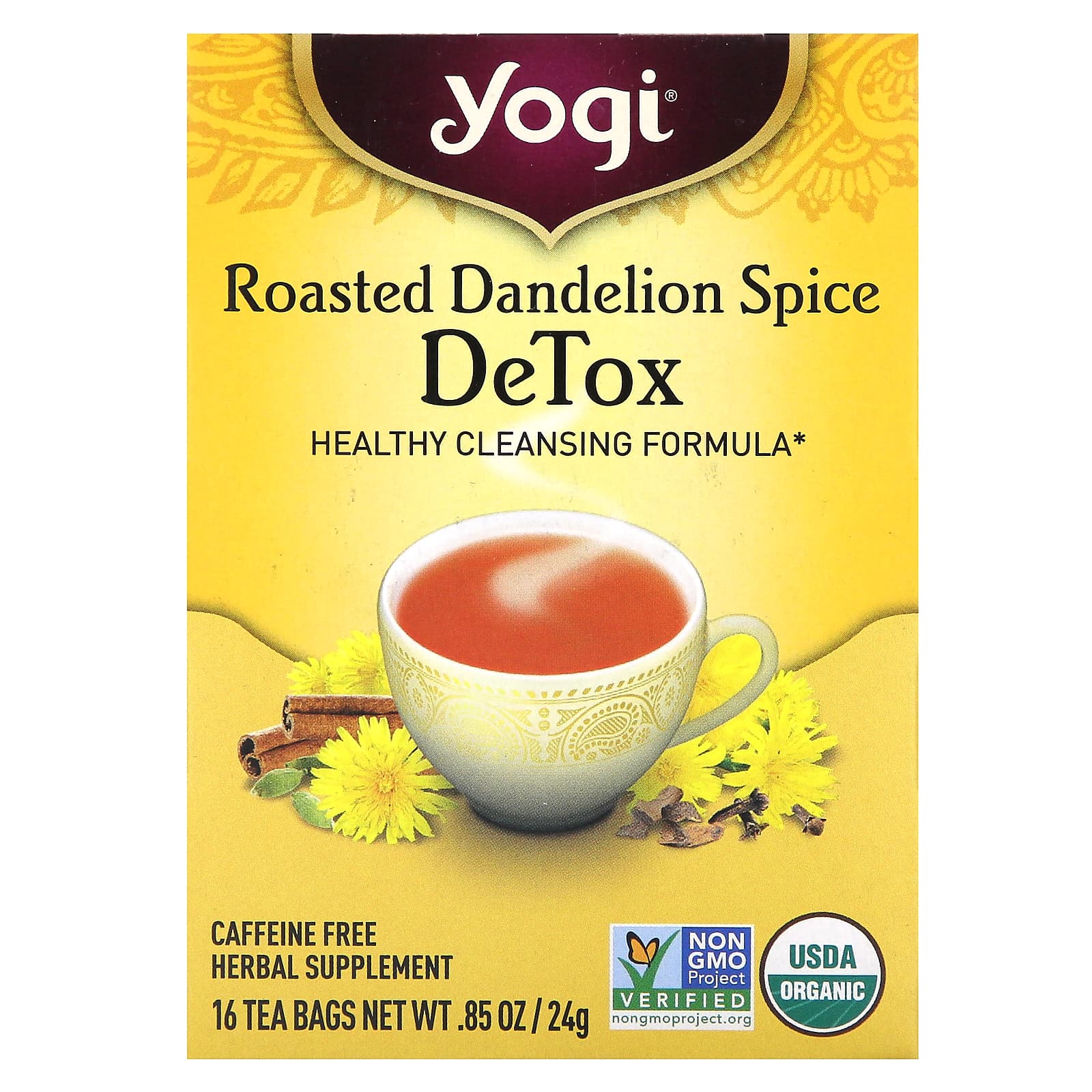 Yogi Tea Detox вкус жареного одуванчика и специй без кофеина 16 чайных пакетиков 24 г 085 унции 1590₽