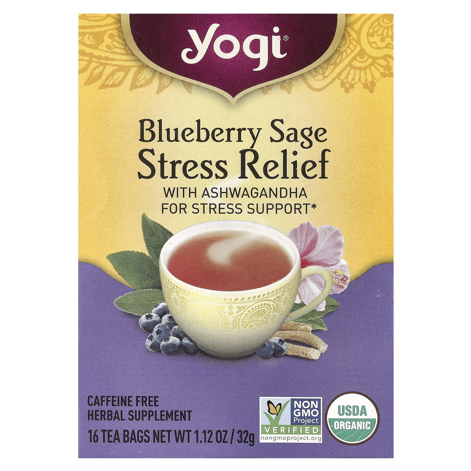 Yogi Tea, Stress Relief, голубика и шалфей, без кофеина, 16 чайных пакетиков, 32 г (1,12 унции)