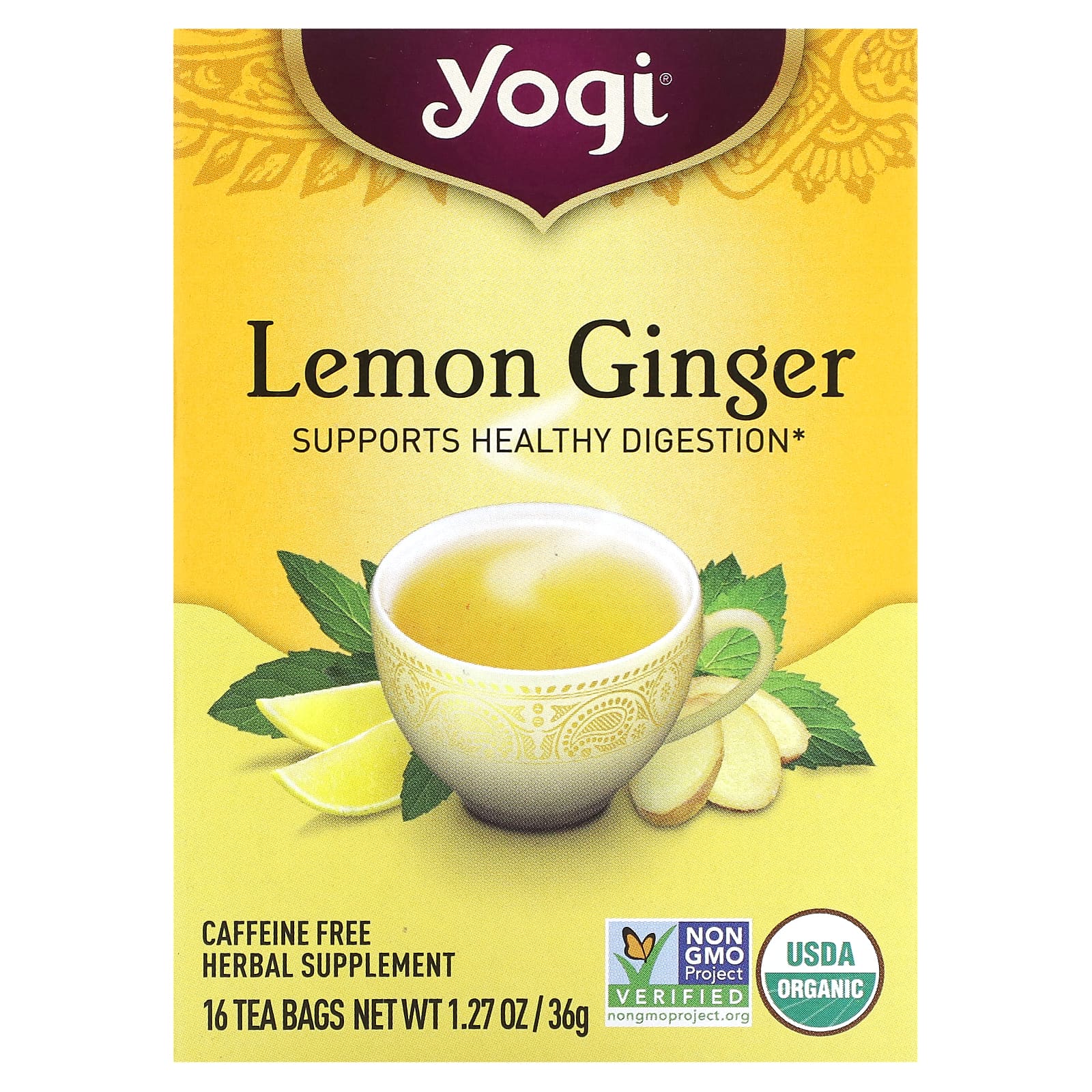 Yogi Tea лимон и имбирь без кофеина 16 чайных пакетиков 36 г 127 унции 1590₽