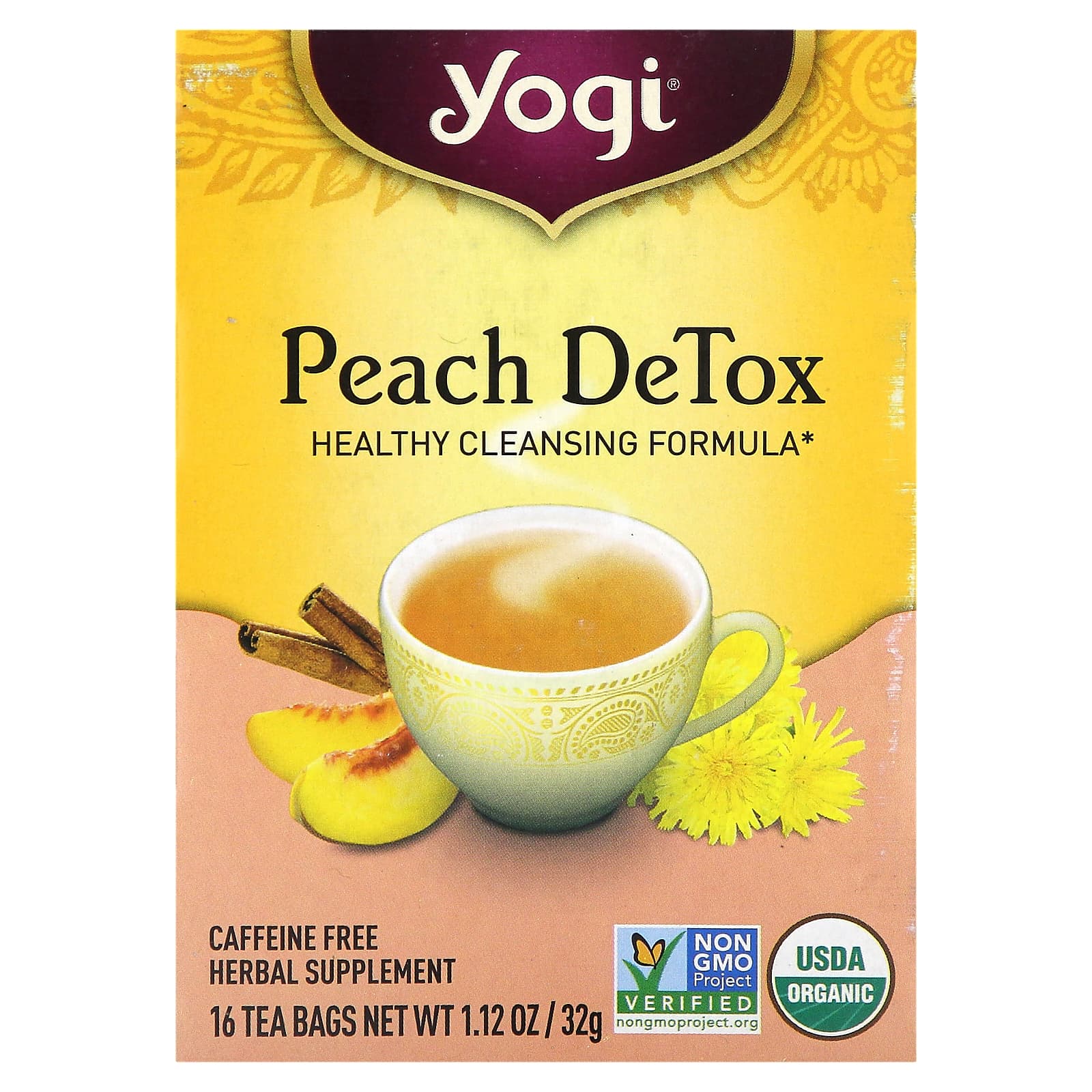 Yogi Tea Peach DeTox персик без кофеина 16 чайных пакетиков 32 г 112 унций 1590₽