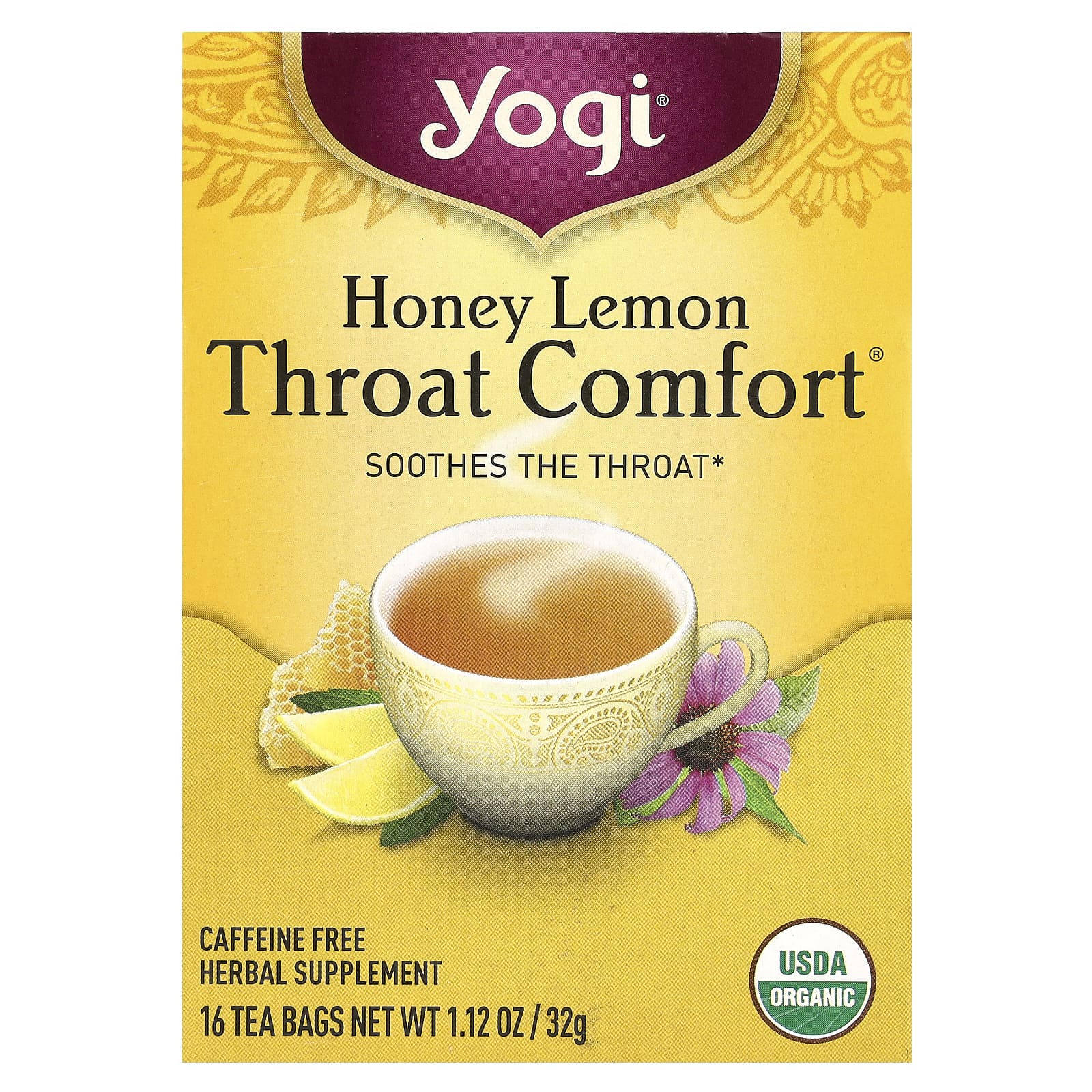 Yogi Tea Органический Throat Comfort со вкусом меда и лимона без кофеина 16 чайных пакетиков 112 унций 32 г 1590₽