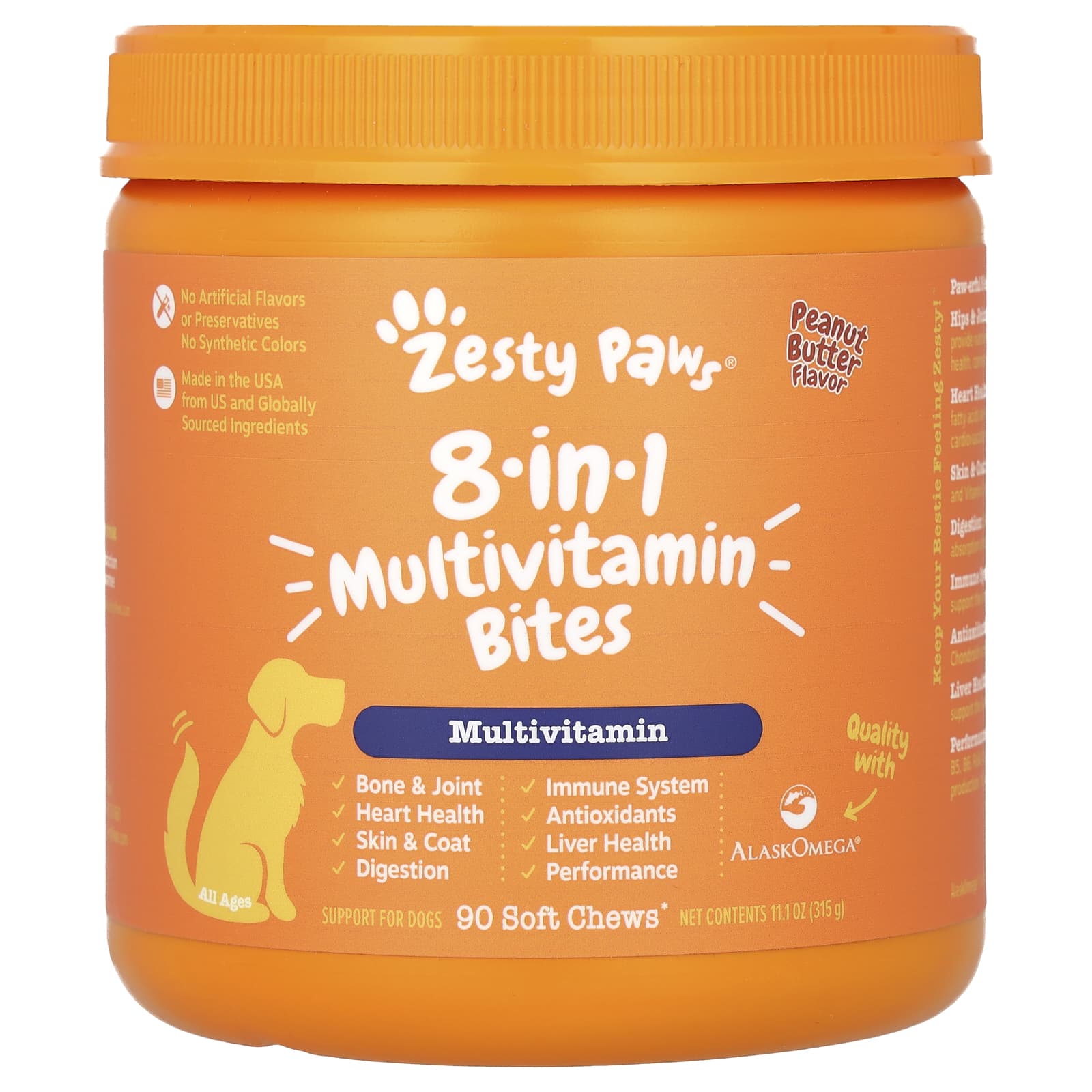 Zesty Paws, Multivitamin Bites, 8 в 1, для собак всех возрастов, с арахисовым маслом, 90 жевательных таблеток, 315 г (11,1 унции)