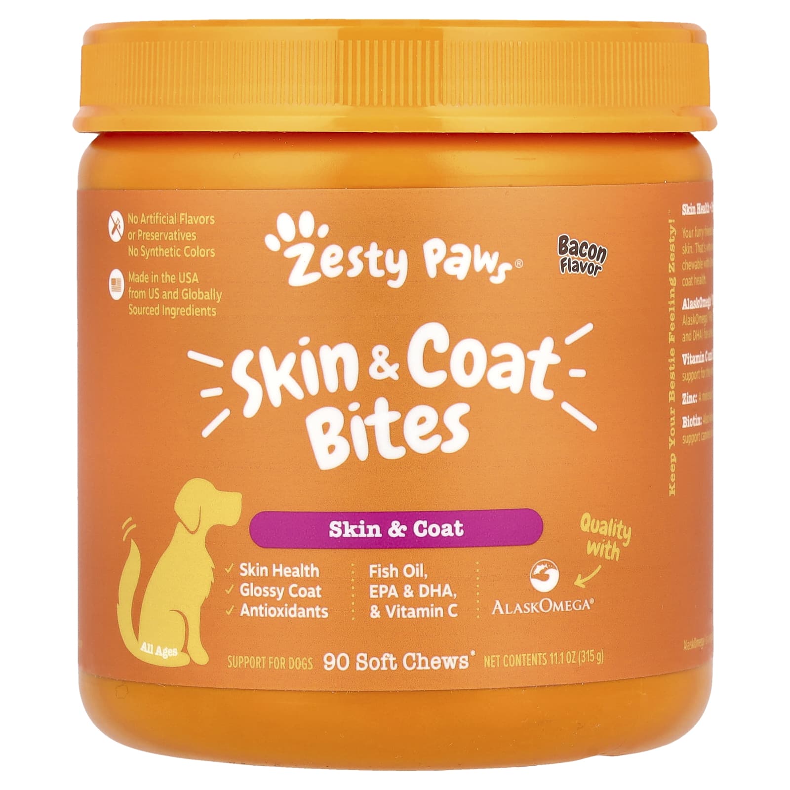 Zesty Paws, Skin &coat Bites, для собак всех возрастов, со вкусом бекона, 90 жевательных таблеток, 315 г (11,1 унции)